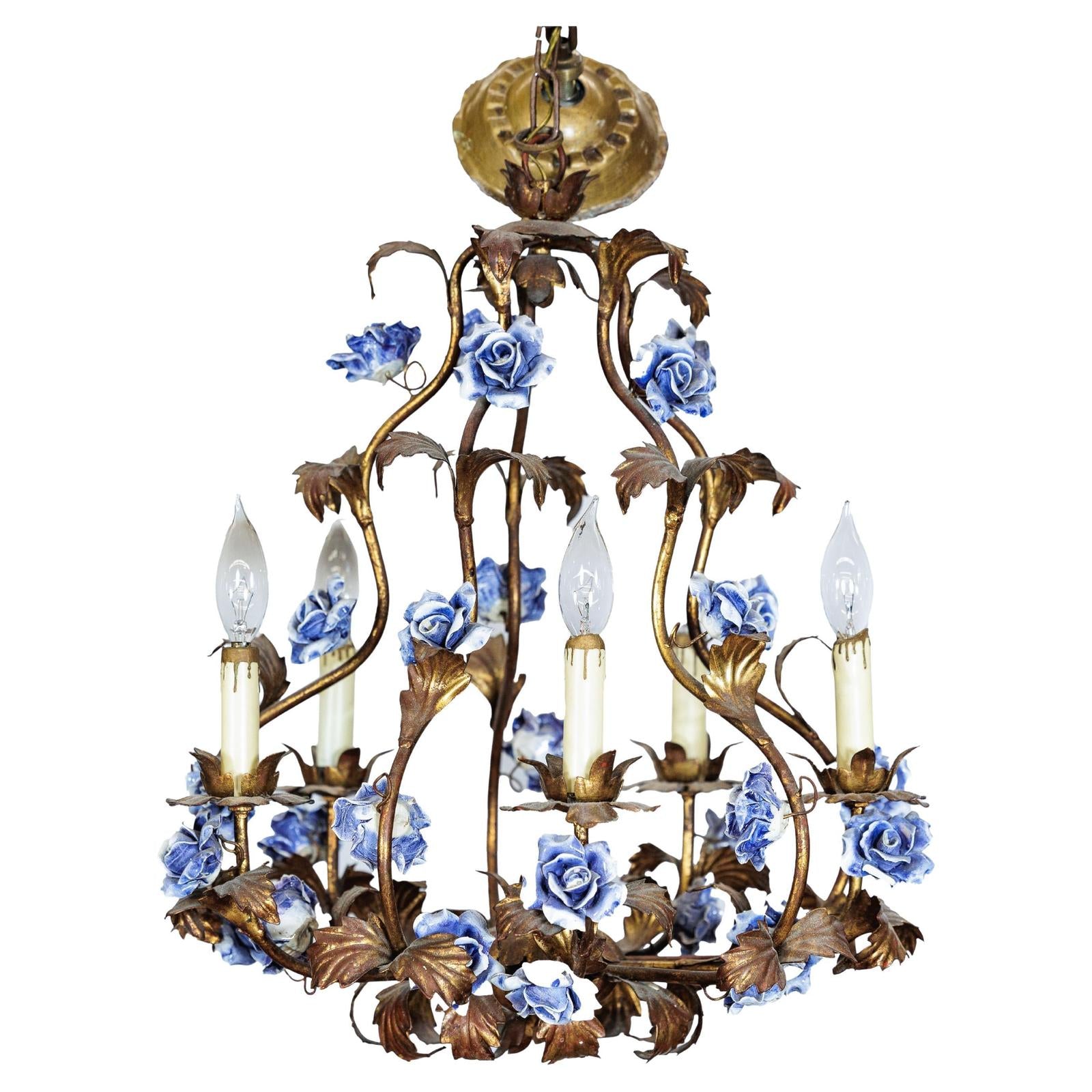 Floral Gilt Chandelier with Blue and White Porcelain Roses, Five Lights-1. Asian & Chinese Furniture, Art, Antiques, Vintage Home Décor for sale at FEA Home