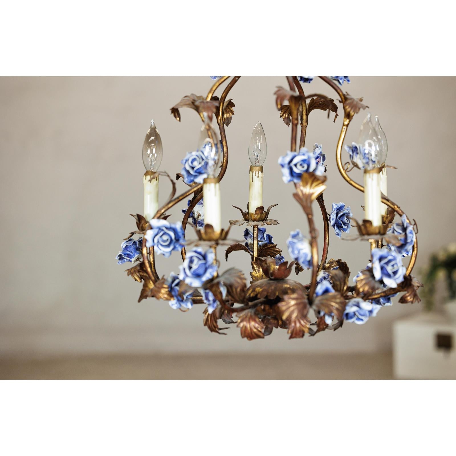 Floral Gilt Chandelier with Blue and White Porcelain Roses, Five Lights-10. Asian &amp; Chinese Furniture, Art, Antiques, Vintage Home Décor for sale at FEA Home