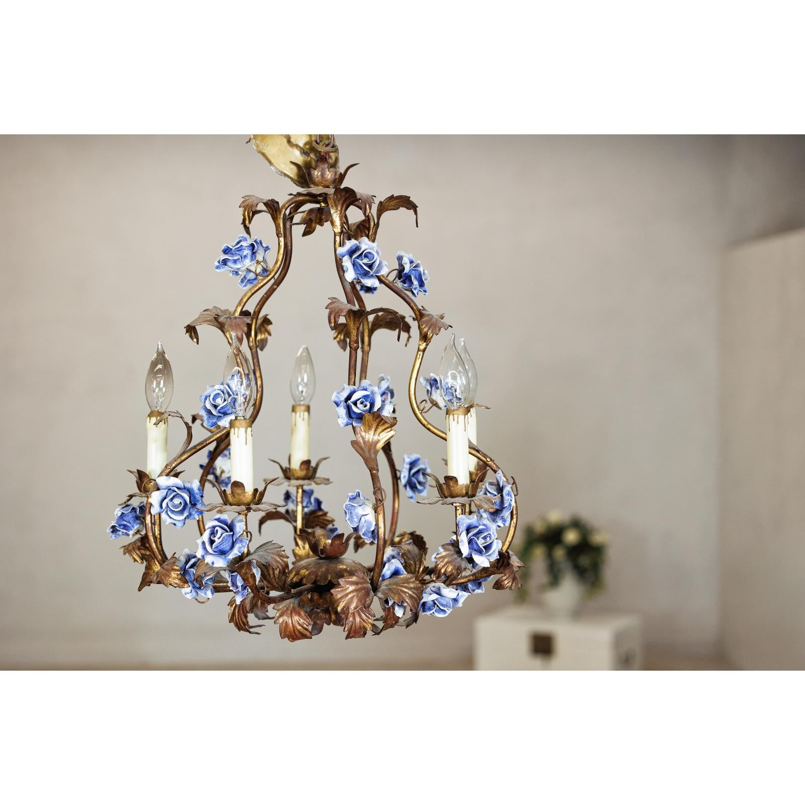 Floral Gilt Chandelier with Blue and White Porcelain Roses, Five Lights-11. Asian &amp; Chinese Furniture, Art, Antiques, Vintage Home Décor for sale at FEA Home