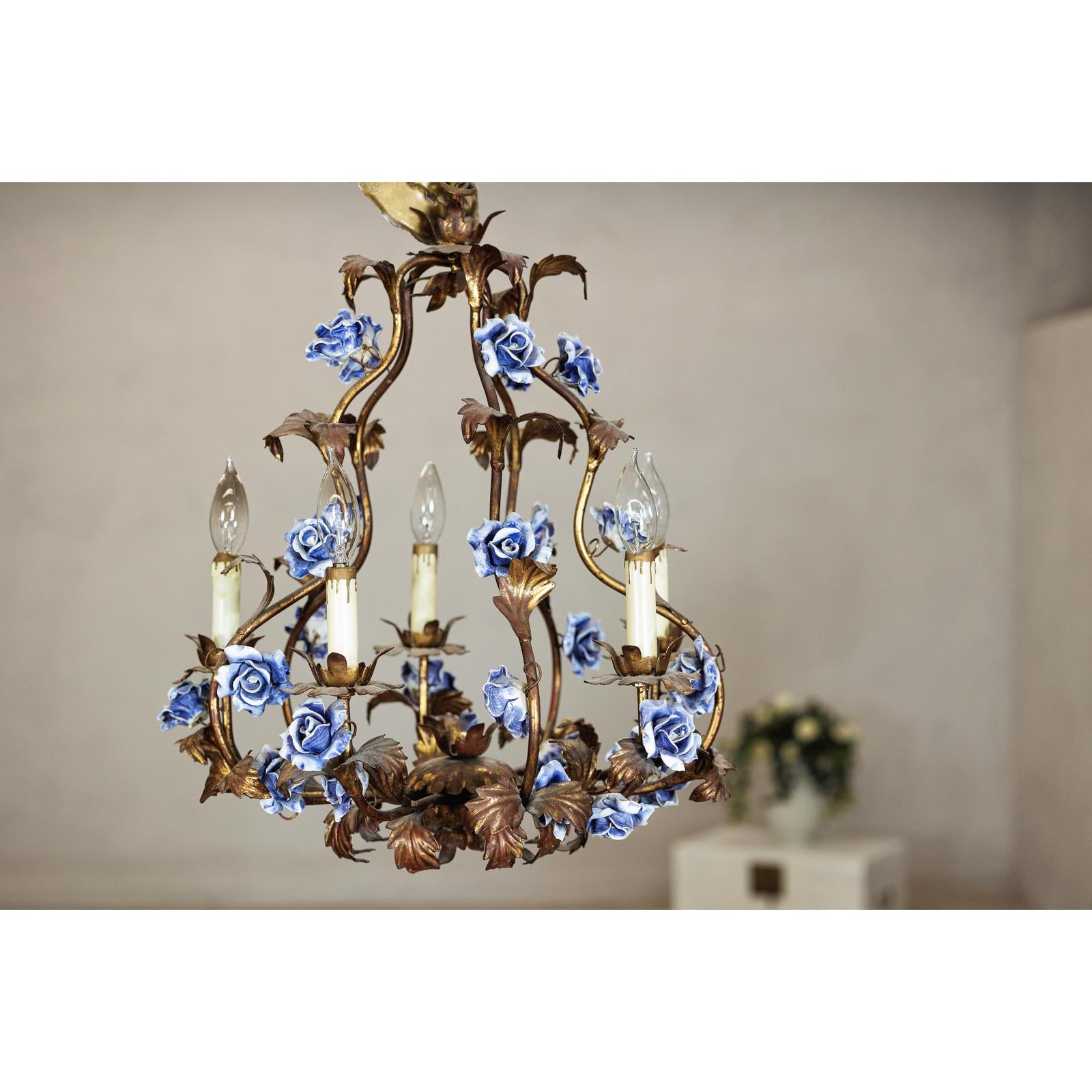 Floral Gilt Chandelier with Blue and White Porcelain Roses, Five Lights-12. Asian &amp; Chinese Furniture, Art, Antiques, Vintage Home Décor for sale at FEA Home