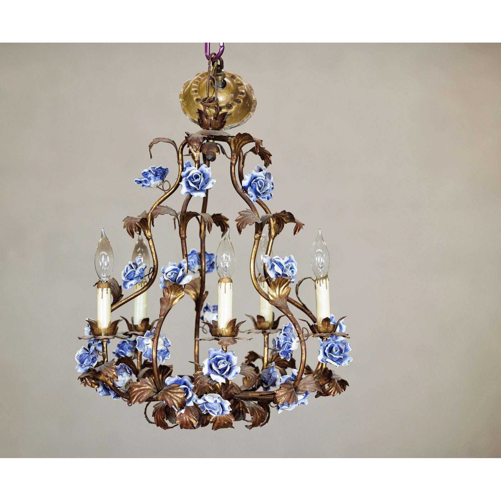 Floral Gilt Chandelier with Blue and White Porcelain Roses, Five Lights-13. Asian &amp; Chinese Furniture, Art, Antiques, Vintage Home Décor for sale at FEA Home