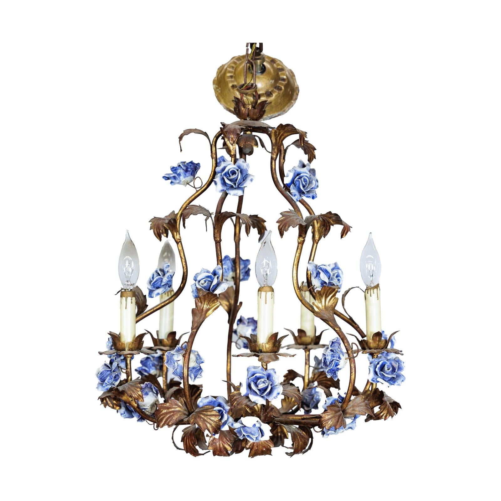 Floral Gilt Chandelier with Blue and White Porcelain Roses, Five Lights-14. Asian &amp; Chinese Furniture, Art, Antiques, Vintage Home Décor for sale at FEA Home