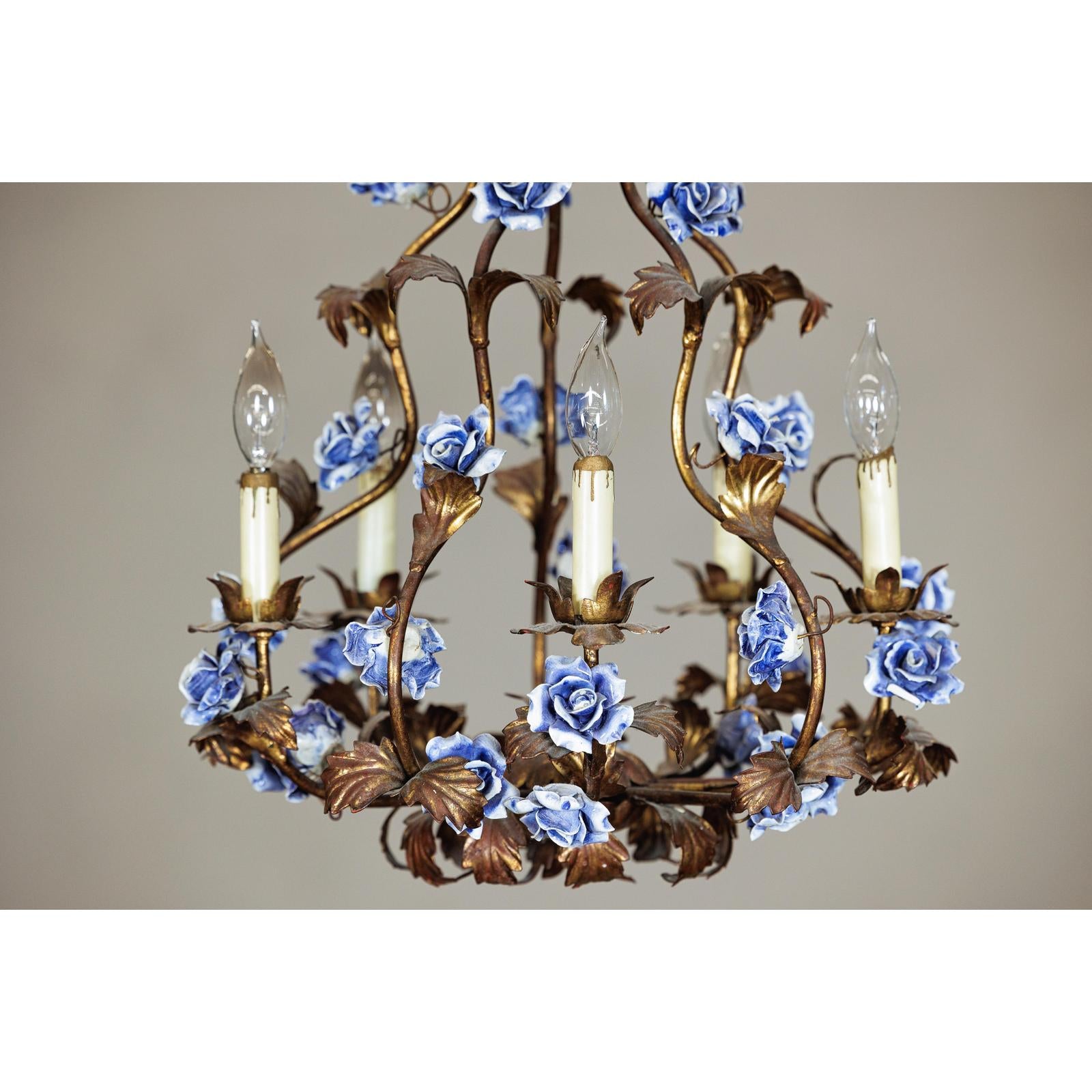 Floral Gilt Chandelier with Blue and White Porcelain Roses, Five Lights-2. Asian & Chinese Furniture, Art, Antiques, Vintage Home Décor for sale at FEA Home
