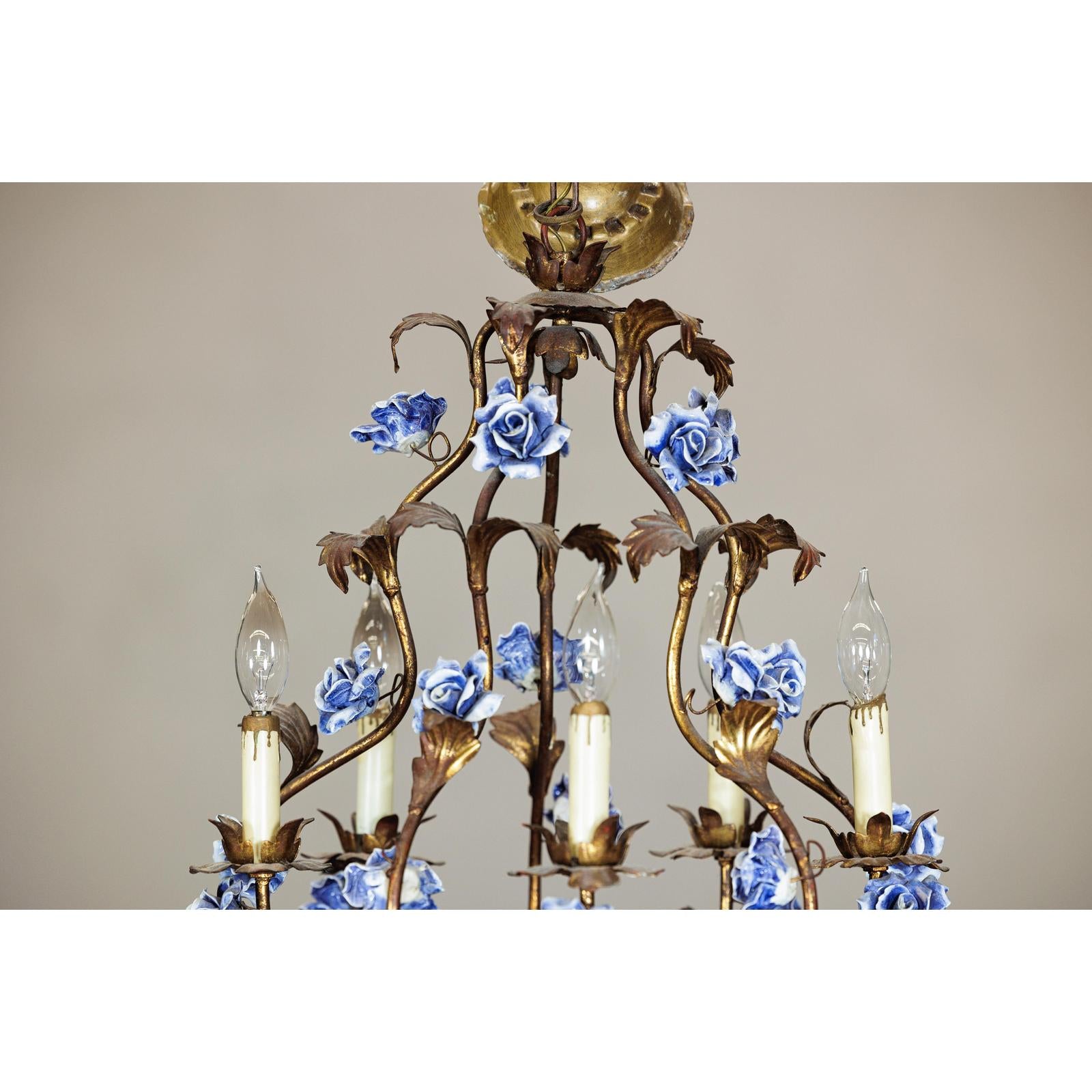 Floral Gilt Chandelier with Blue and White Porcelain Roses, Five Lights-3. Asian &amp; Chinese Furniture, Art, Antiques, Vintage Home Décor for sale at FEA Home