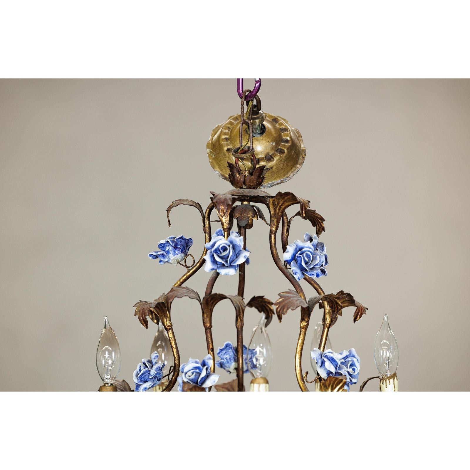 Floral Gilt Chandelier with Blue and White Porcelain Roses, Five Lights-4. Asian &amp; Chinese Furniture, Art, Antiques, Vintage Home Décor for sale at FEA Home