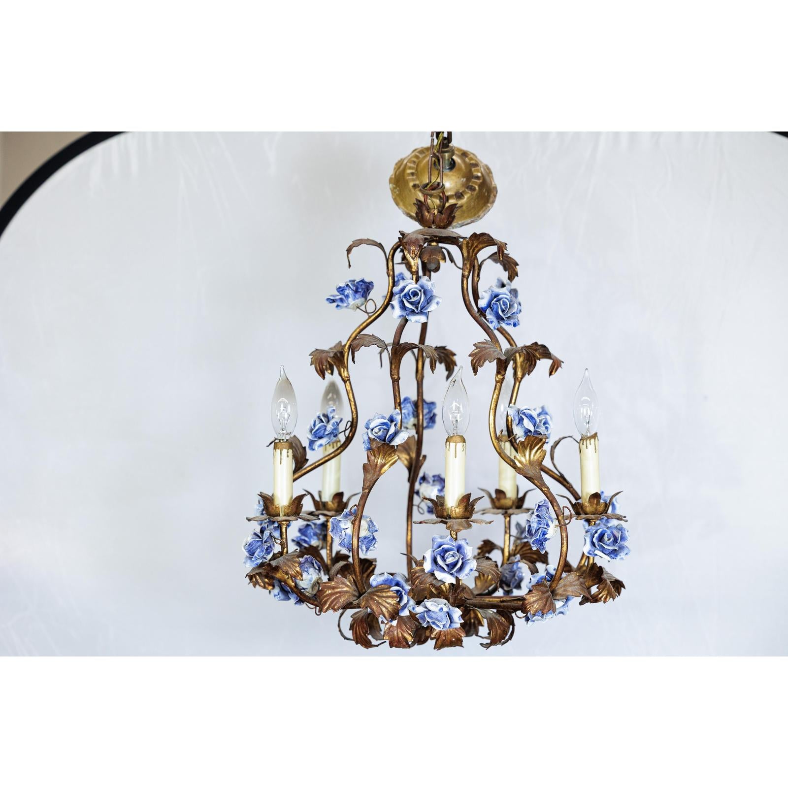 Floral Gilt Chandelier with Blue and White Porcelain Roses, Five Lights-5. Asian &amp; Chinese Furniture, Art, Antiques, Vintage Home Décor for sale at FEA Home