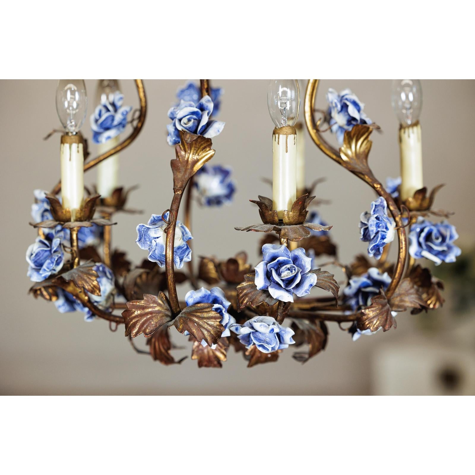 Floral Gilt Chandelier with Blue and White Porcelain Roses, Five Lights-6. Asian &amp; Chinese Furniture, Art, Antiques, Vintage Home Décor for sale at FEA Home