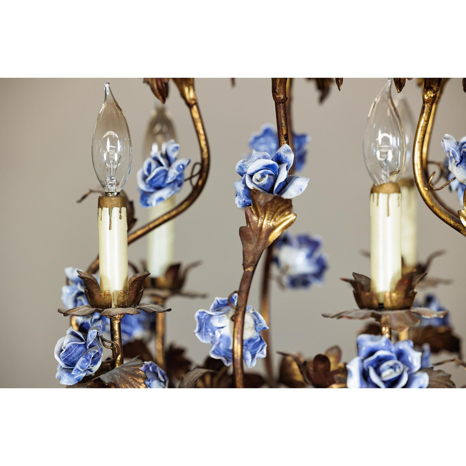 Floral Gilt Chandelier with Blue and White Porcelain Roses, Five Lights-7. Asian &amp; Chinese Furniture, Art, Antiques, Vintage Home Décor for sale at FEA Home