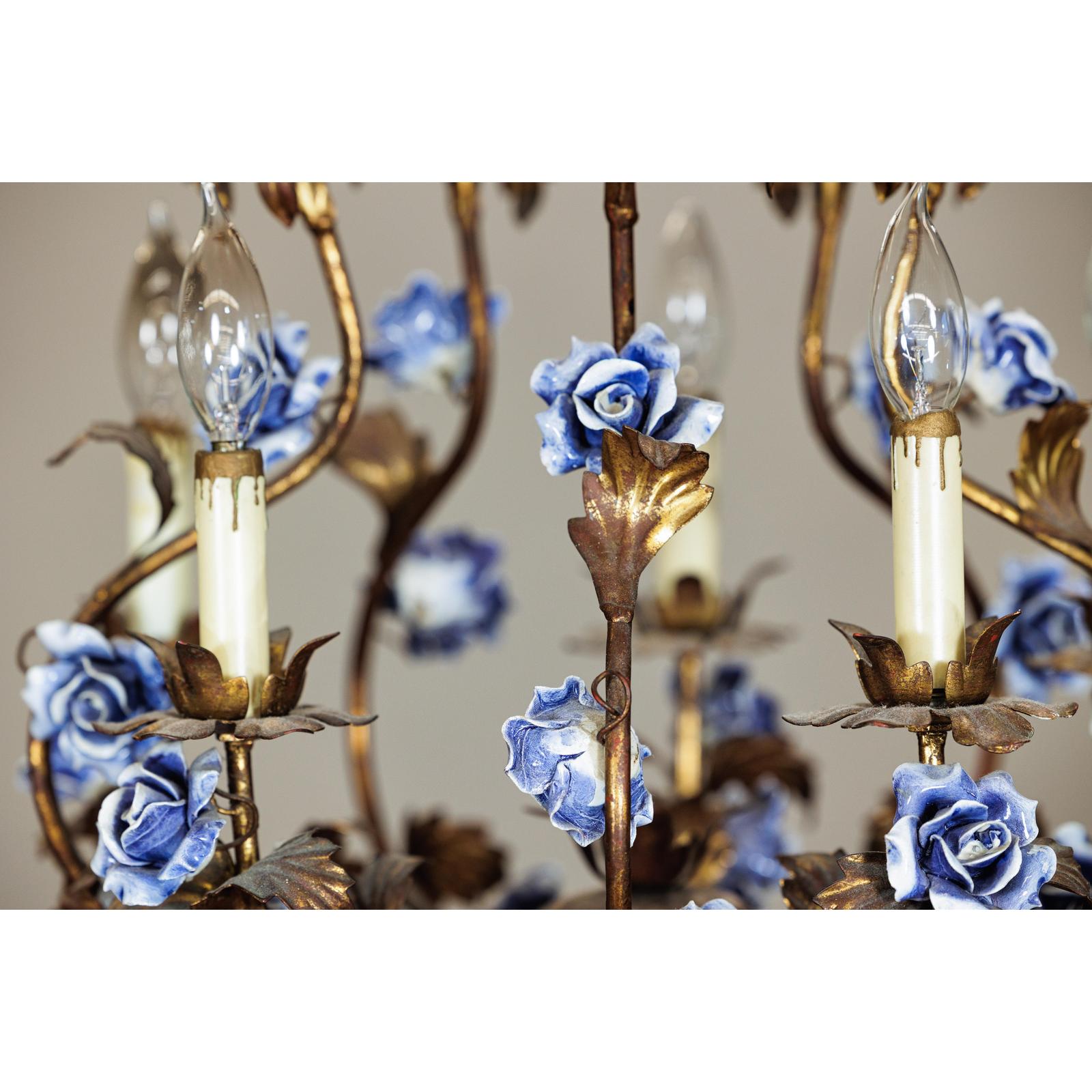 Floral Gilt Chandelier with Blue and White Porcelain Roses, Five Lights-8. Asian &amp; Chinese Furniture, Art, Antiques, Vintage Home Décor for sale at FEA Home