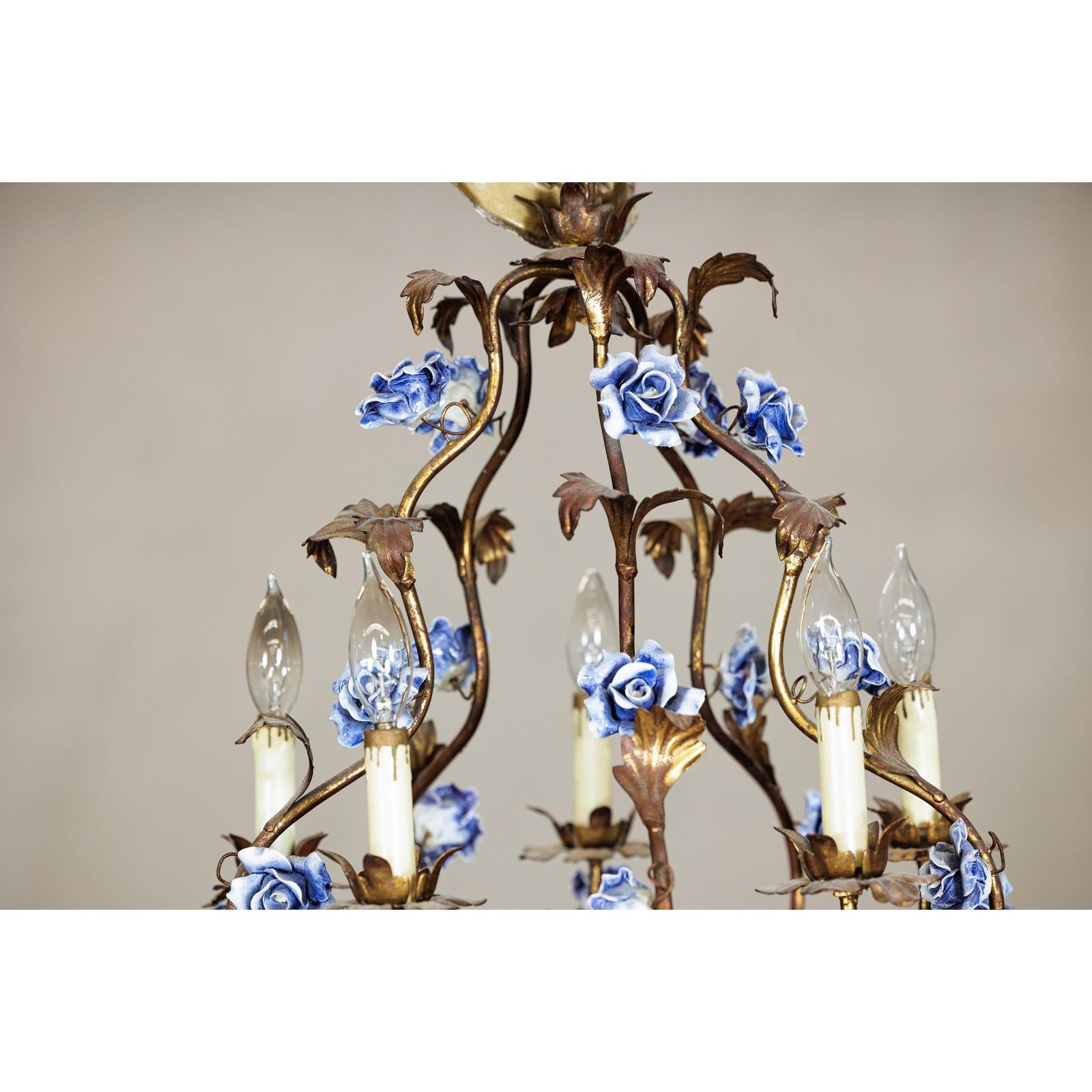 Floral Gilt Chandelier with Blue and White Porcelain Roses, Five Lights-9. Asian &amp; Chinese Furniture, Art, Antiques, Vintage Home Décor for sale at FEA Home