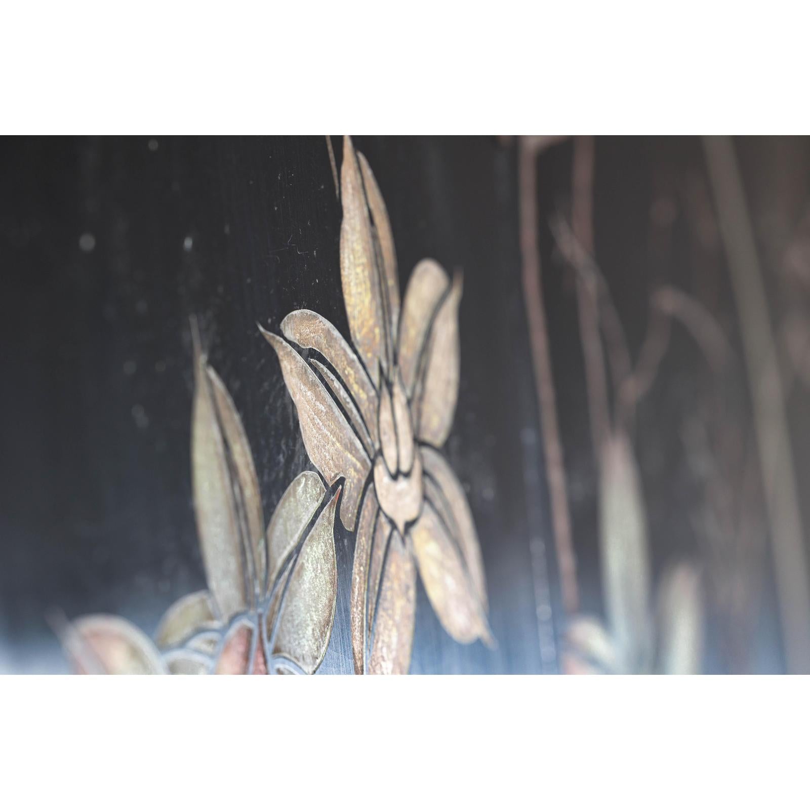 Four-Panel Black Lacquer Folding Screen with Hand-Painted Floral Design-10. Asian &amp; Chinese Furniture, Art, Antiques, Vintage Home Décor for sale at FEA Home