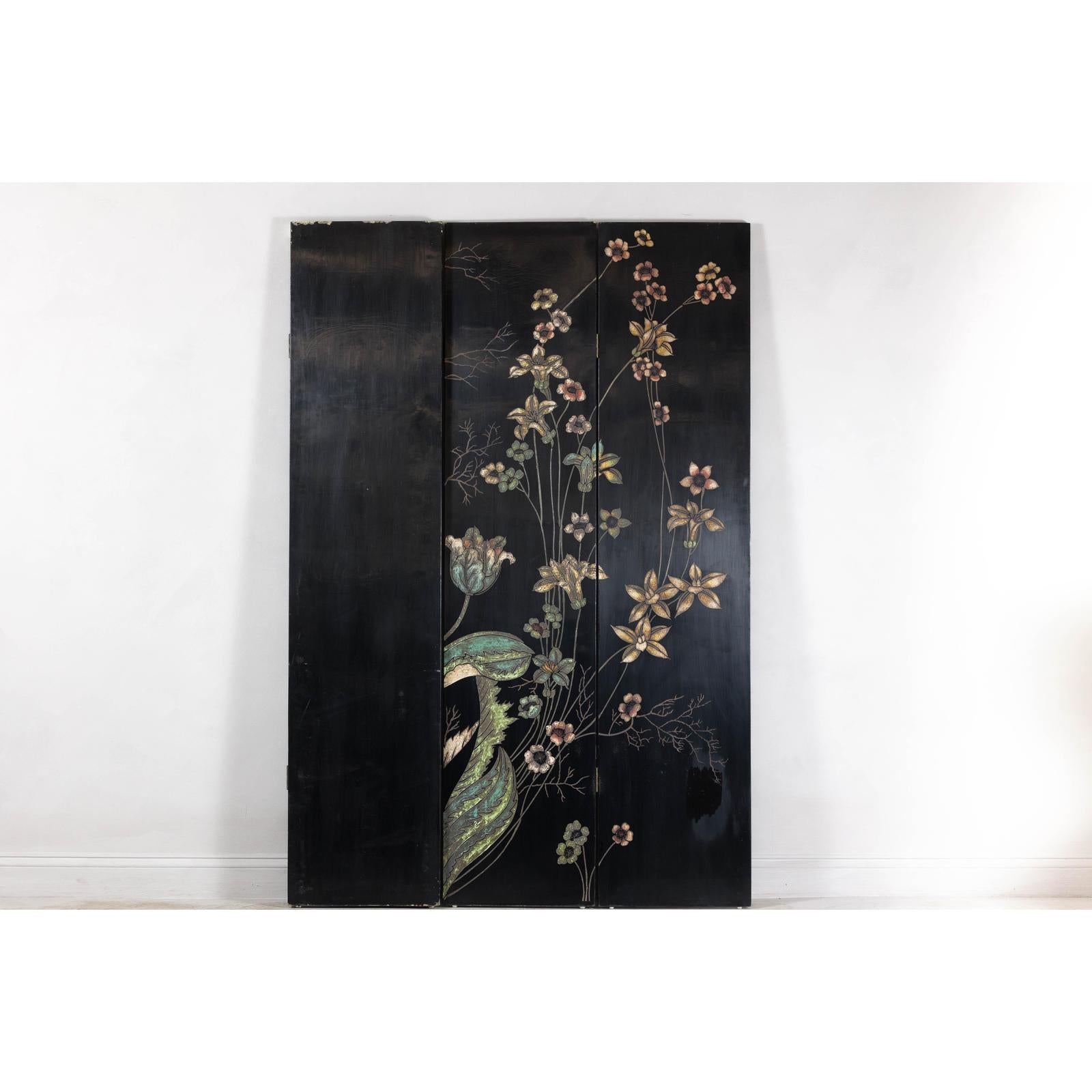 Four-Panel Black Lacquer Folding Screen with Hand-Painted Floral Design-12. Asian &amp; Chinese Furniture, Art, Antiques, Vintage Home Décor for sale at FEA Home