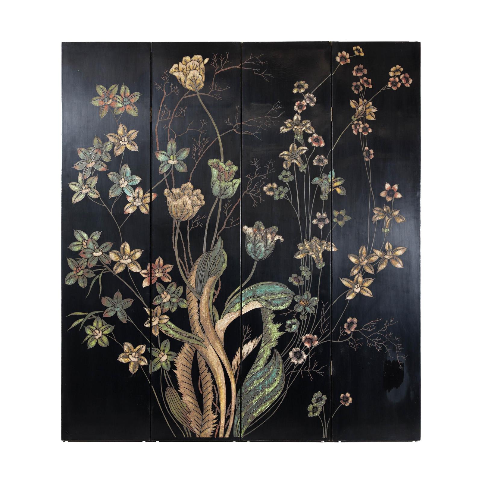Four-Panel Black Lacquer Folding Screen with Hand-Painted Floral Design-13. Asian &amp; Chinese Furniture, Art, Antiques, Vintage Home Décor for sale at FEA Home