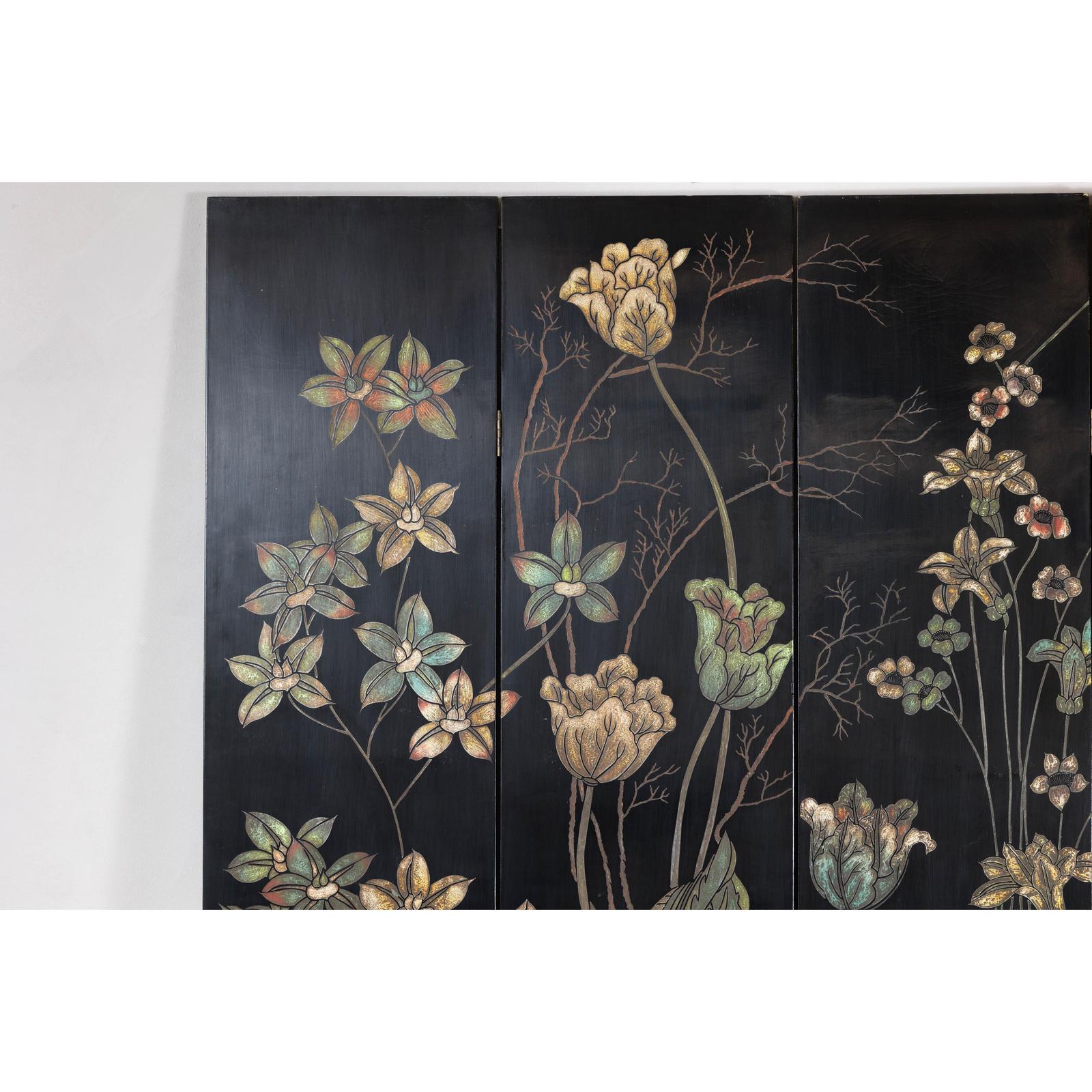 Four-Panel Black Lacquer Folding Screen with Hand-Painted Floral Design-3. Asian &amp; Chinese Furniture, Art, Antiques, Vintage Home Décor for sale at FEA Home