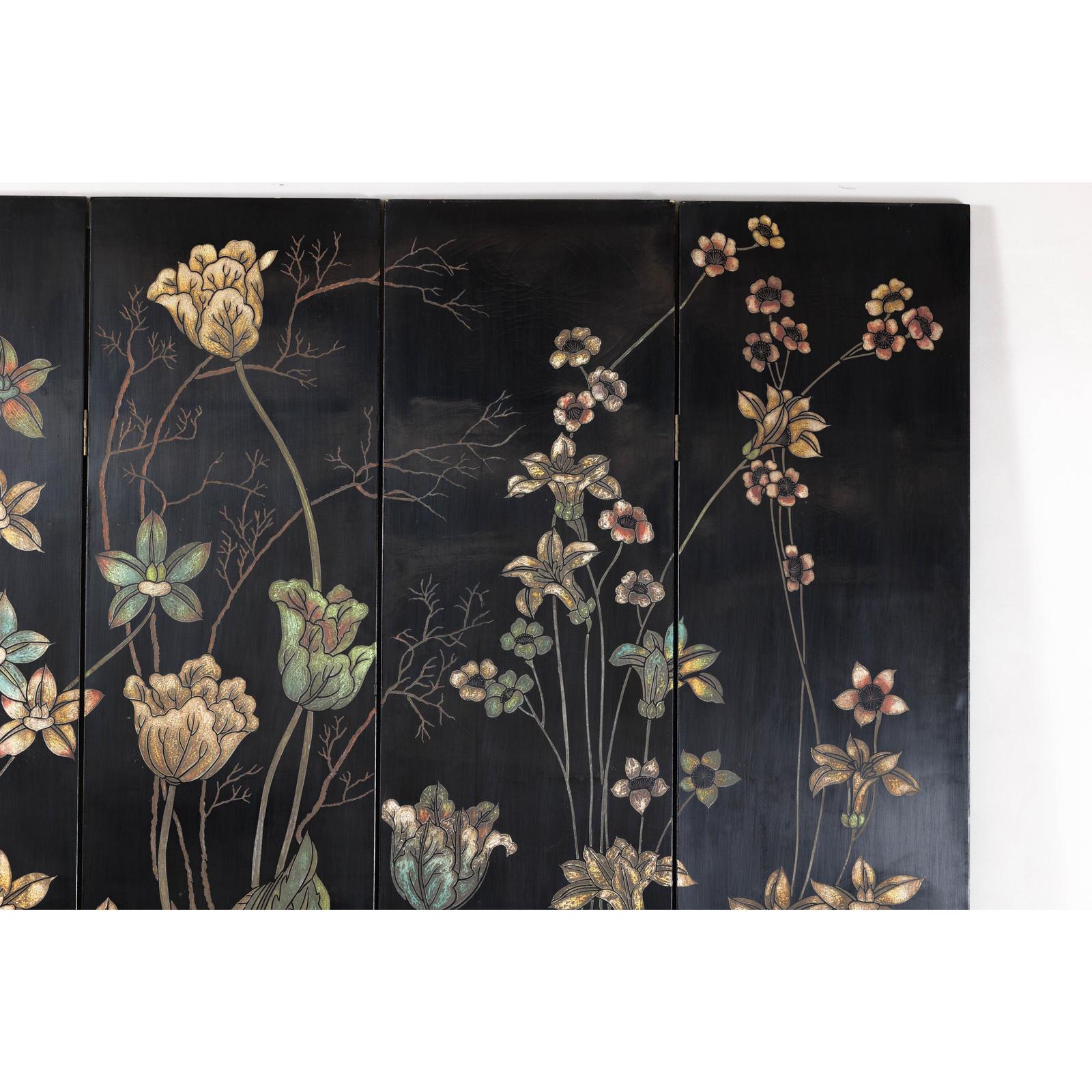 Four-Panel Black Lacquer Folding Screen with Hand-Painted Floral Design-4. Asian &amp; Chinese Furniture, Art, Antiques, Vintage Home Décor for sale at FEA Home