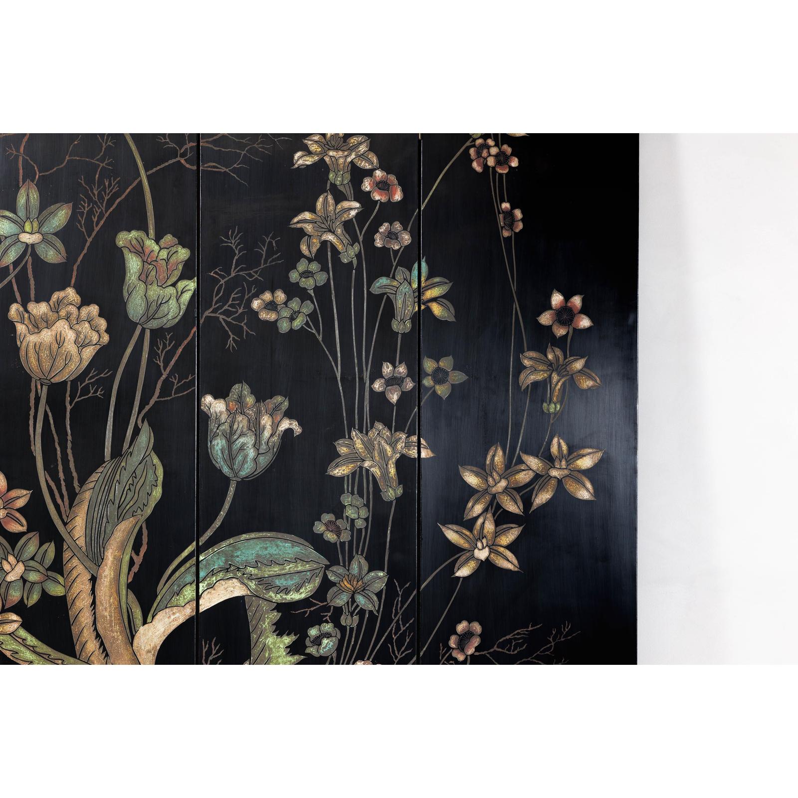 Four-Panel Black Lacquer Folding Screen with Hand-Painted Floral Design-5. Asian &amp; Chinese Furniture, Art, Antiques, Vintage Home Décor for sale at FEA Home