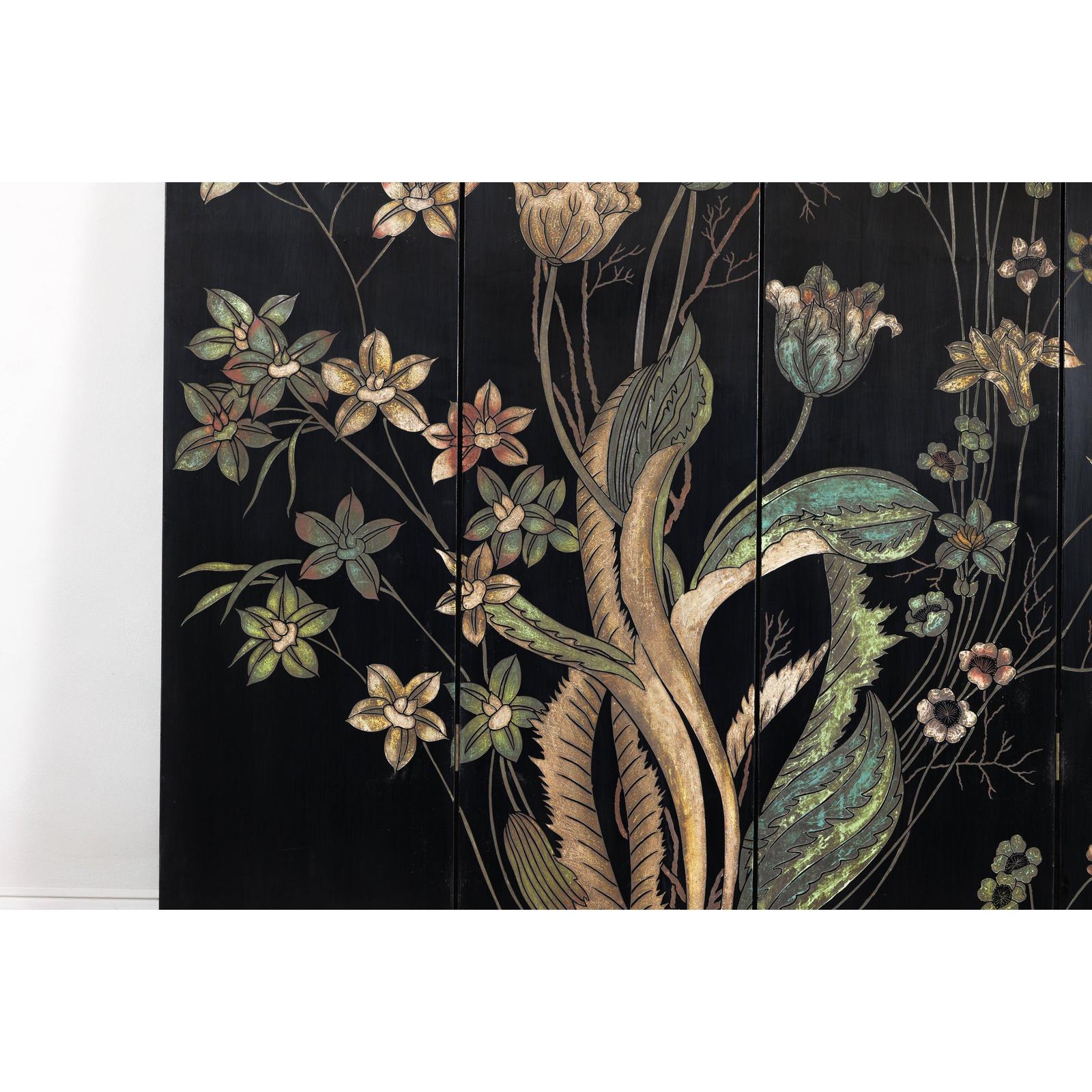 Four-Panel Black Lacquer Folding Screen with Hand-Painted Floral Design-6. Asian &amp; Chinese Furniture, Art, Antiques, Vintage Home Décor for sale at FEA Home