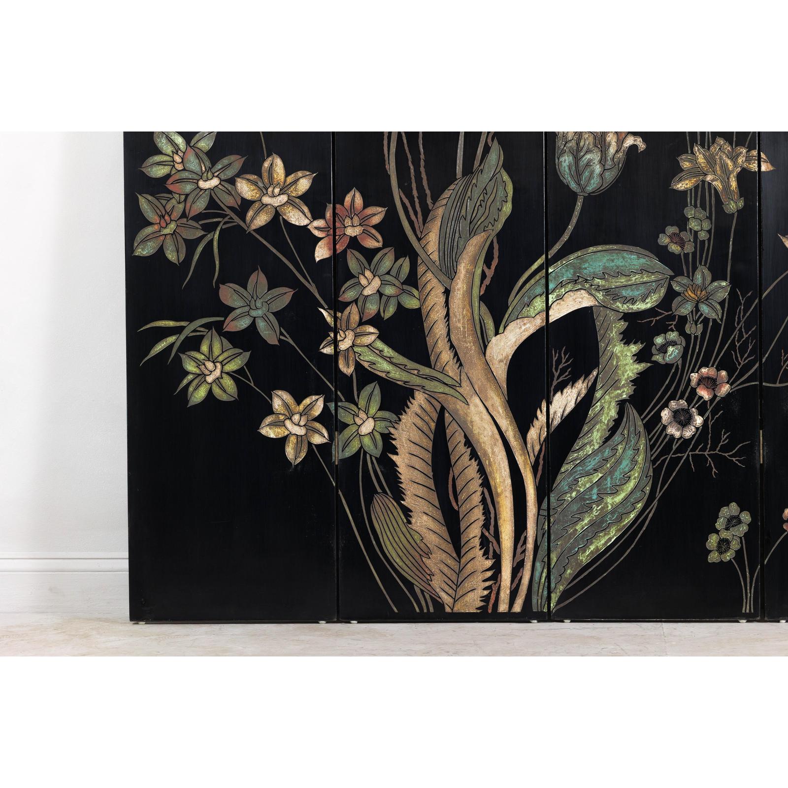Four-Panel Black Lacquer Folding Screen with Hand-Painted Floral Design-7. Asian &amp; Chinese Furniture, Art, Antiques, Vintage Home Décor for sale at FEA Home