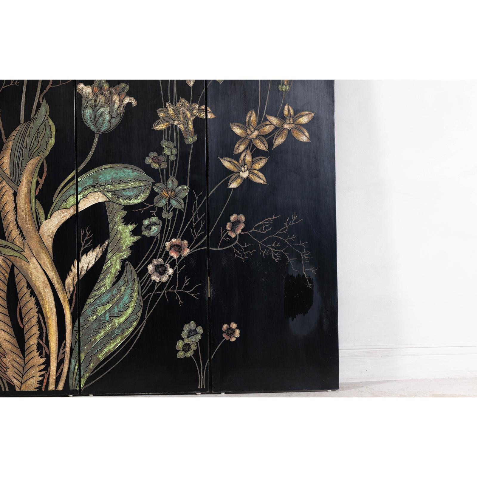 Four-Panel Black Lacquer Folding Screen with Hand-Painted Floral Design-8. Asian &amp; Chinese Furniture, Art, Antiques, Vintage Home Décor for sale at FEA Home