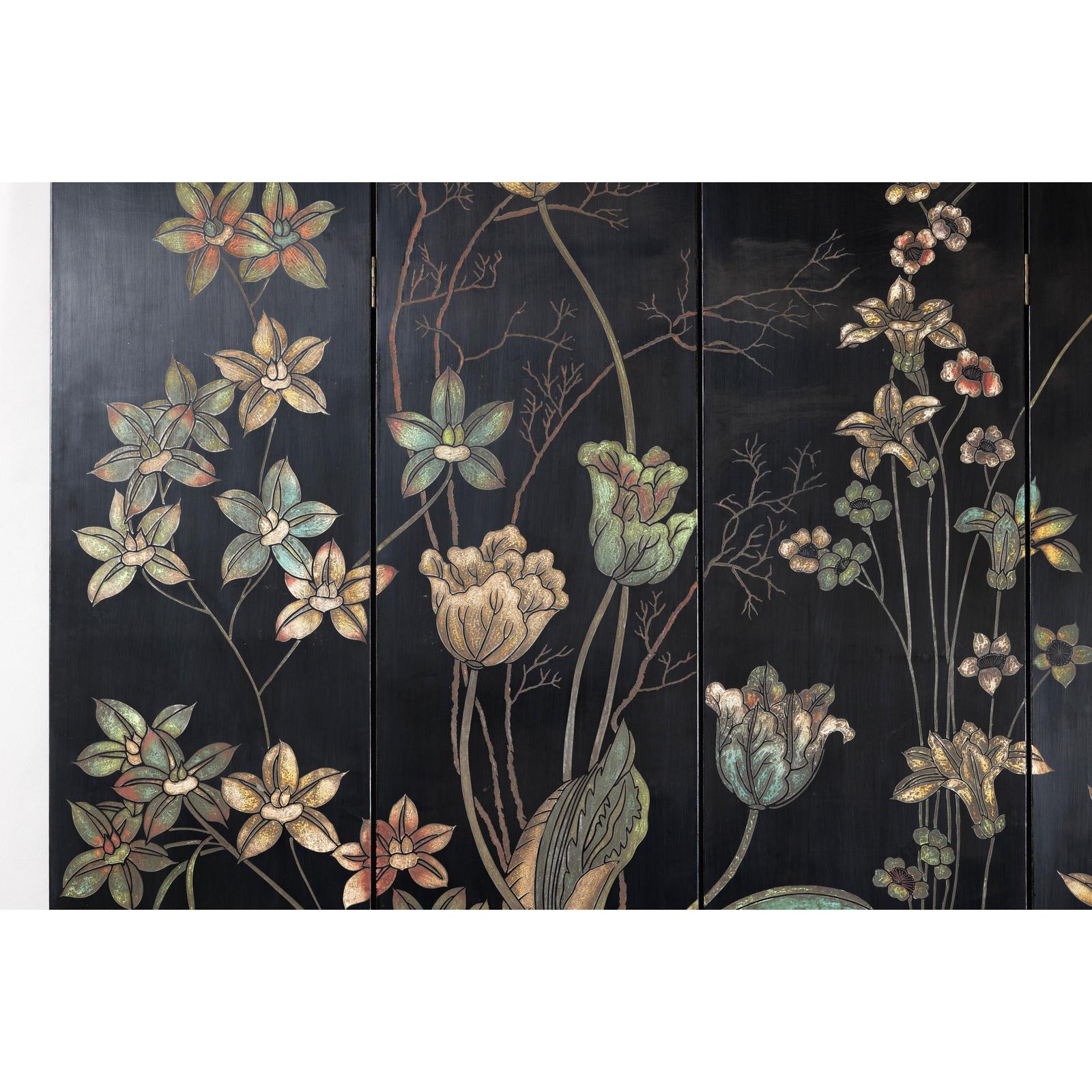 Four-Panel Black Lacquer Folding Screen with Hand-Painted Floral Design-9. Asian &amp; Chinese Furniture, Art, Antiques, Vintage Home Décor for sale at FEA Home