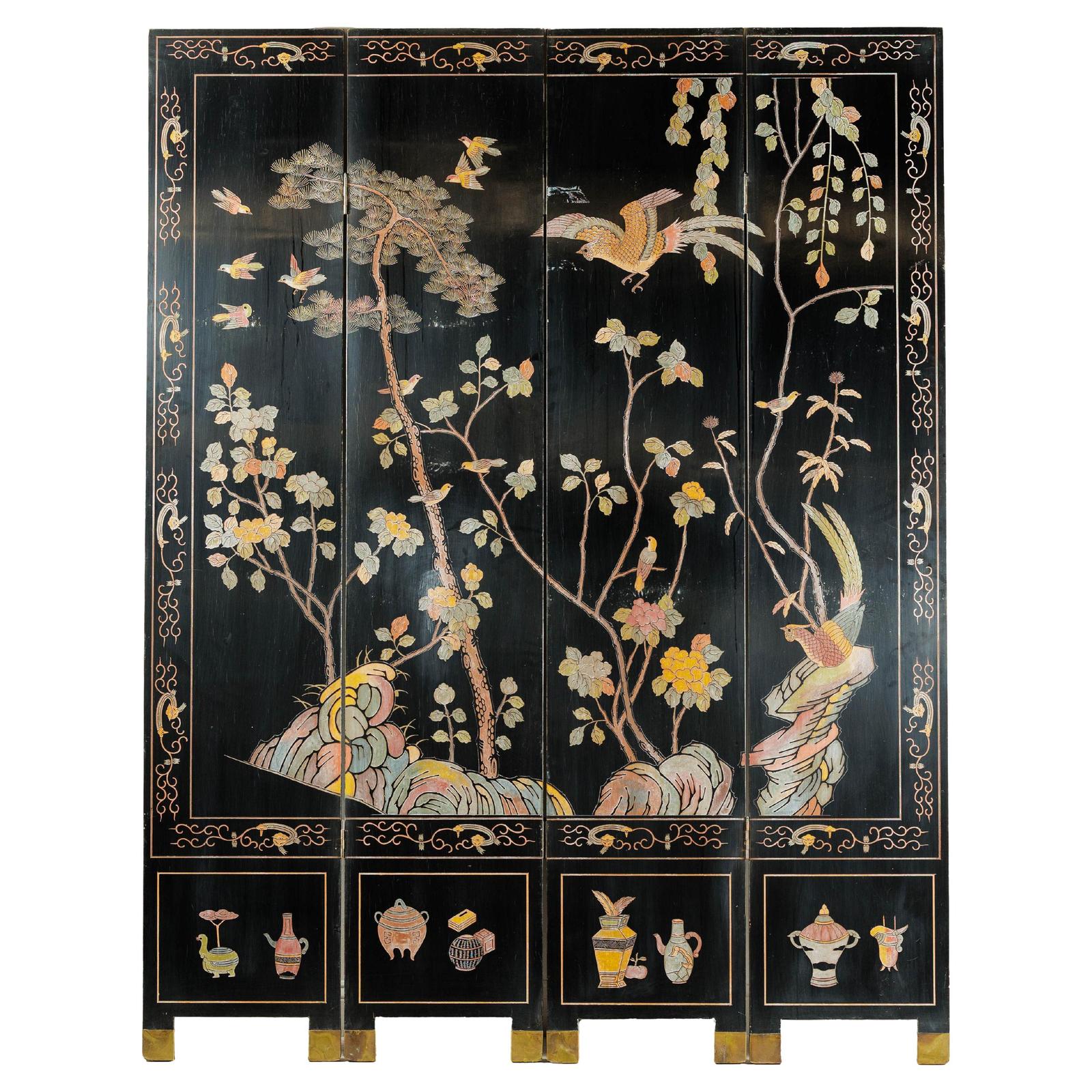 Four-Panel Black Lacquer Screen with Birds, Blossoms, and Brass Feet-1. Asian & Chinese Furniture, Art, Antiques, Vintage Home Décor for sale at FEA Home