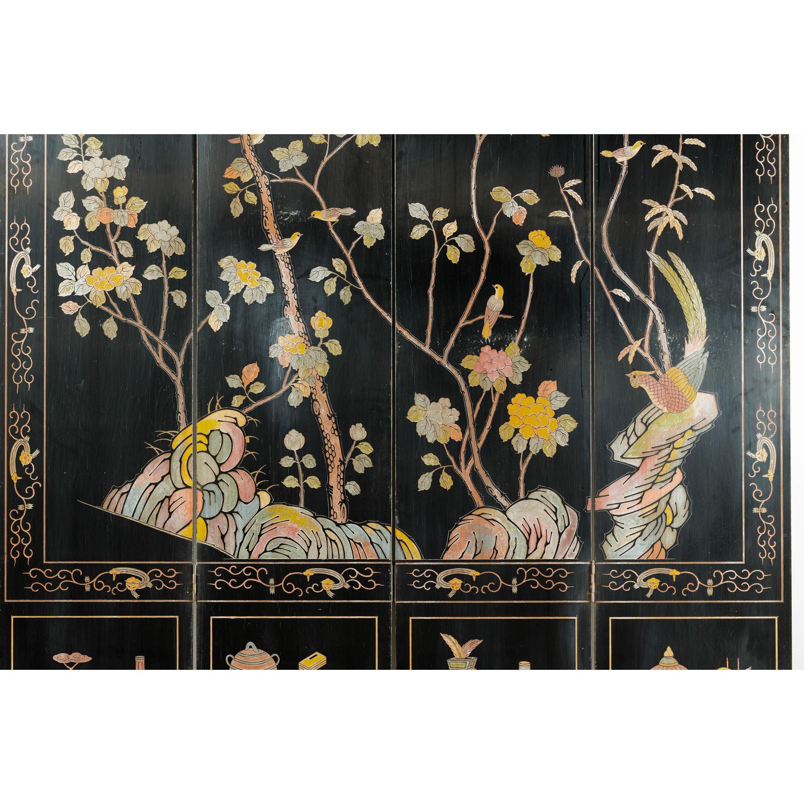 Four-Panel Black Lacquer Screen with Birds, Blossoms, and Brass Feet-10. Asian &amp; Chinese Furniture, Art, Antiques, Vintage Home Décor for sale at FEA Home