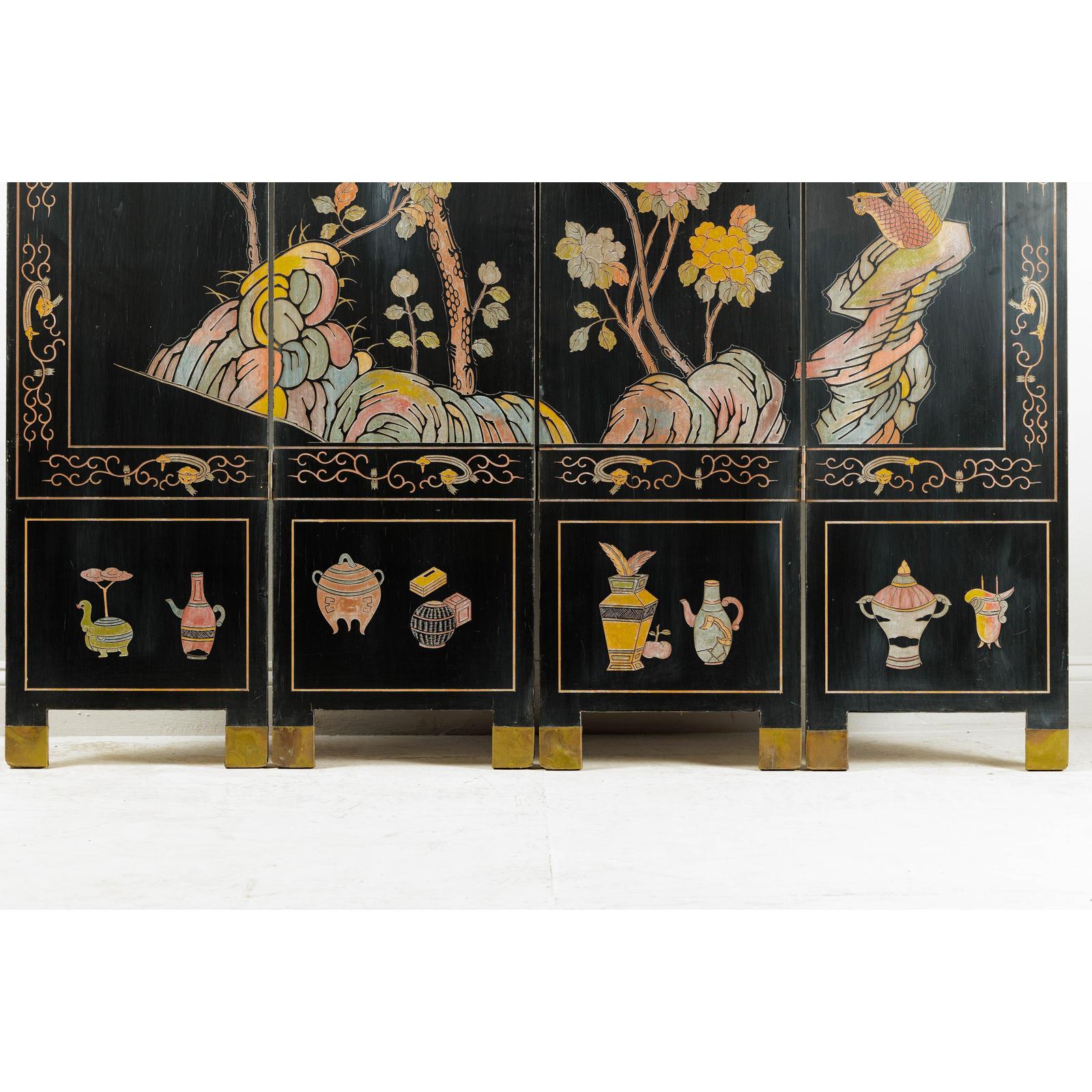Four-Panel Black Lacquer Screen with Birds, Blossoms, and Brass Feet-11. Asian &amp; Chinese Furniture, Art, Antiques, Vintage Home Décor for sale at FEA Home