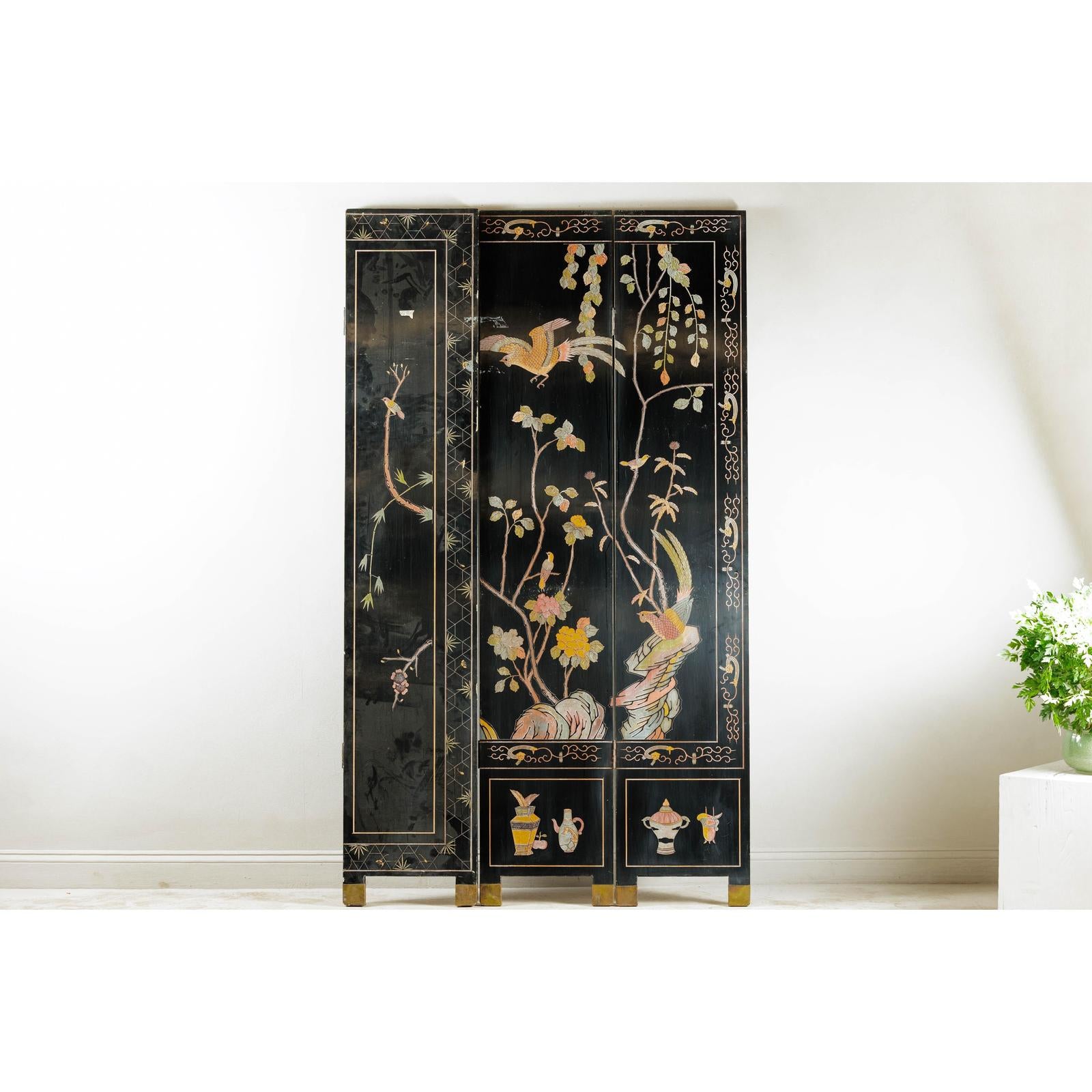 Four-Panel Black Lacquer Screen with Birds, Blossoms, and Brass Feet-12. Asian &amp; Chinese Furniture, Art, Antiques, Vintage Home Décor for sale at FEA Home