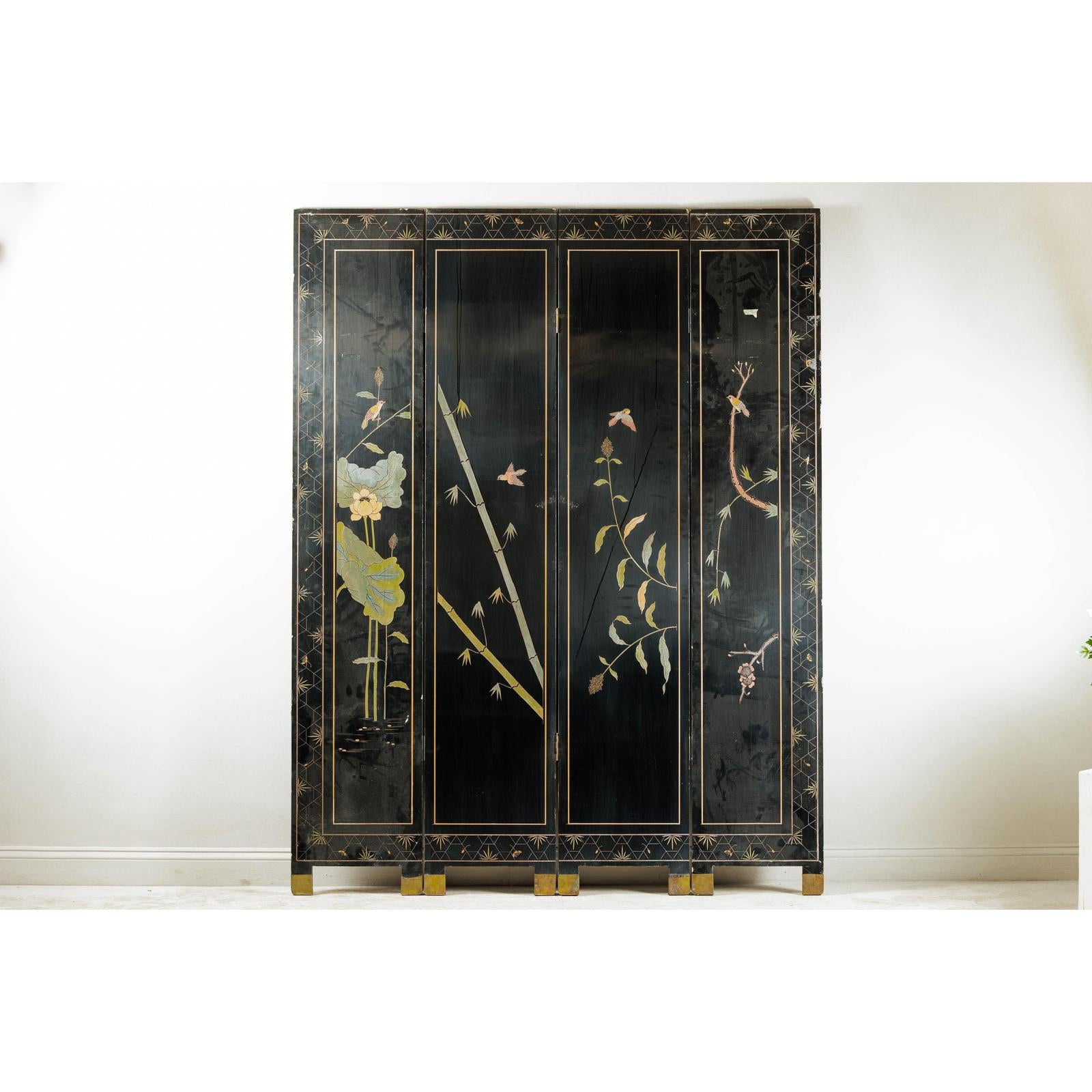 Four-Panel Black Lacquer Screen with Birds, Blossoms, and Brass Feet-13. Asian &amp; Chinese Furniture, Art, Antiques, Vintage Home Décor for sale at FEA Home