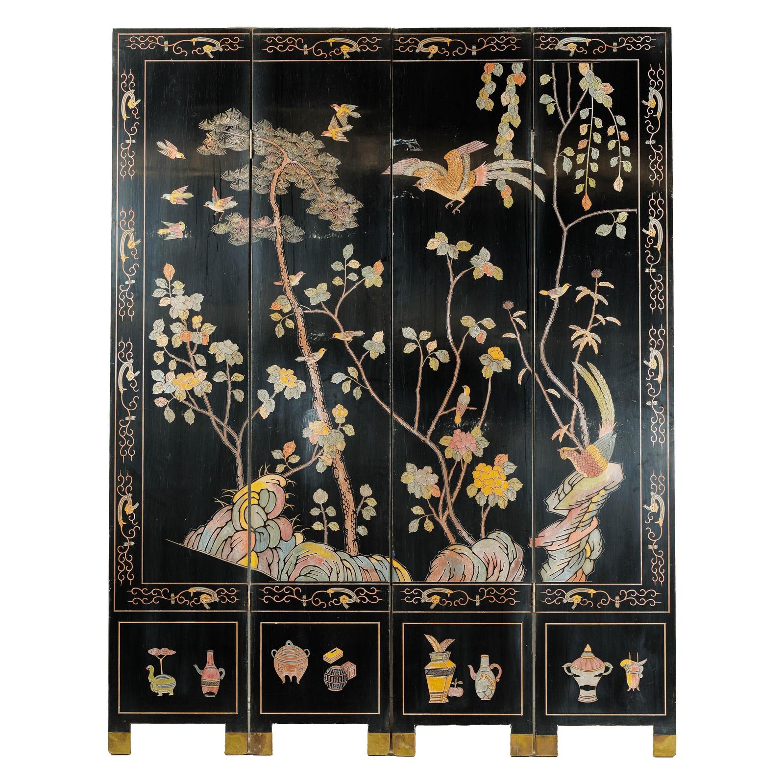 Four-Panel Black Lacquer Screen with Birds, Blossoms, and Brass Feet-14. Asian &amp; Chinese Furniture, Art, Antiques, Vintage Home Décor for sale at FEA Home