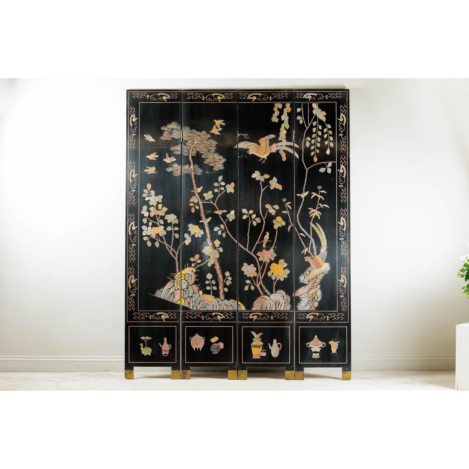 Four-Panel Black Lacquer Screen with Birds, Blossoms, and Brass Feet-2. Asian & Chinese Furniture, Art, Antiques, Vintage Home Décor for sale at FEA Home