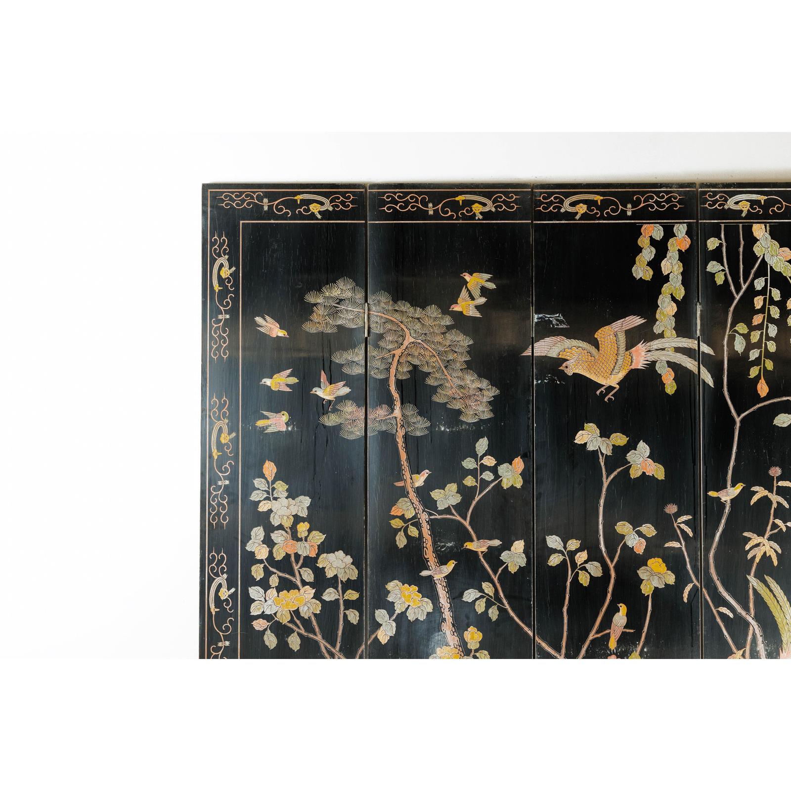 Four-Panel Black Lacquer Screen with Birds, Blossoms, and Brass Feet-3. Asian &amp; Chinese Furniture, Art, Antiques, Vintage Home Décor for sale at FEA Home
