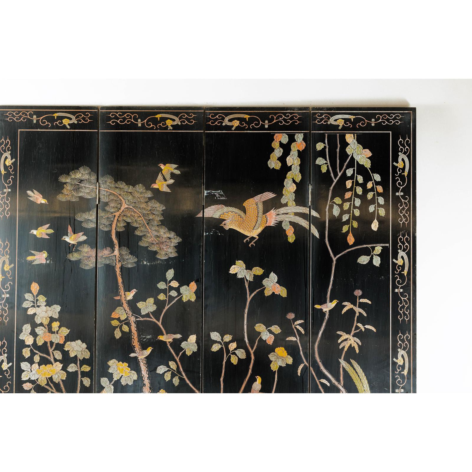 Four-Panel Black Lacquer Screen with Birds, Blossoms, and Brass Feet-4. Asian &amp; Chinese Furniture, Art, Antiques, Vintage Home Décor for sale at FEA Home