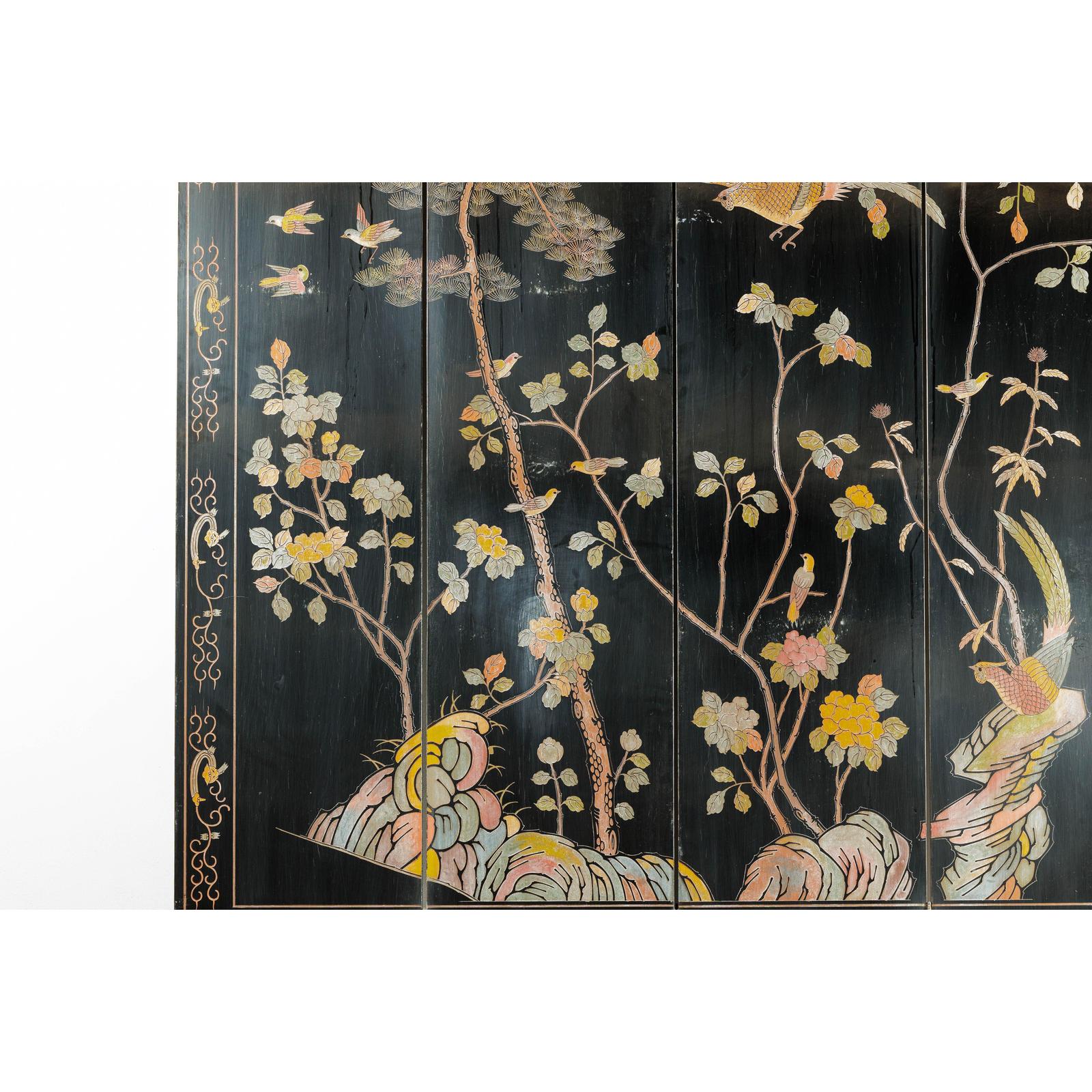 Four-Panel Black Lacquer Screen with Birds, Blossoms, and Brass Feet-5. Asian &amp; Chinese Furniture, Art, Antiques, Vintage Home Décor for sale at FEA Home