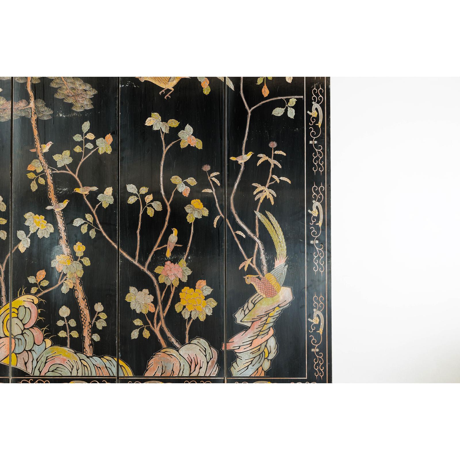 Four-Panel Black Lacquer Screen with Birds, Blossoms, and Brass Feet-6. Asian &amp; Chinese Furniture, Art, Antiques, Vintage Home Décor for sale at FEA Home