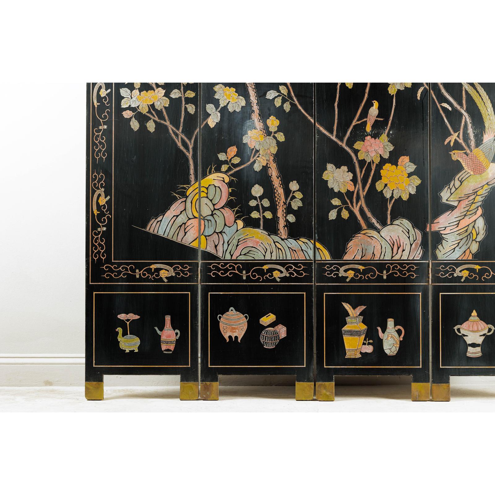 Four-Panel Black Lacquer Screen with Birds, Blossoms, and Brass Feet-7. Asian &amp; Chinese Furniture, Art, Antiques, Vintage Home Décor for sale at FEA Home