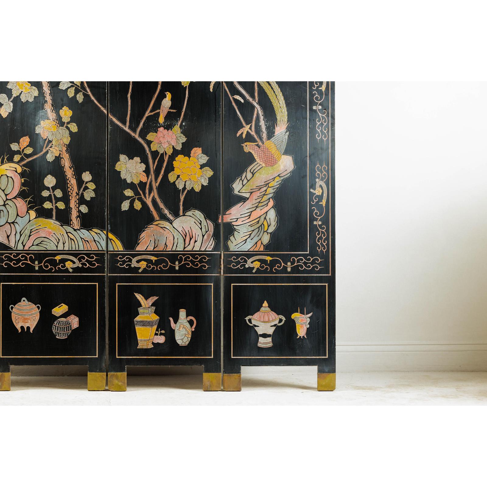 Four-Panel Black Lacquer Screen with Birds, Blossoms, and Brass Feet-8. Asian &amp; Chinese Furniture, Art, Antiques, Vintage Home Décor for sale at FEA Home