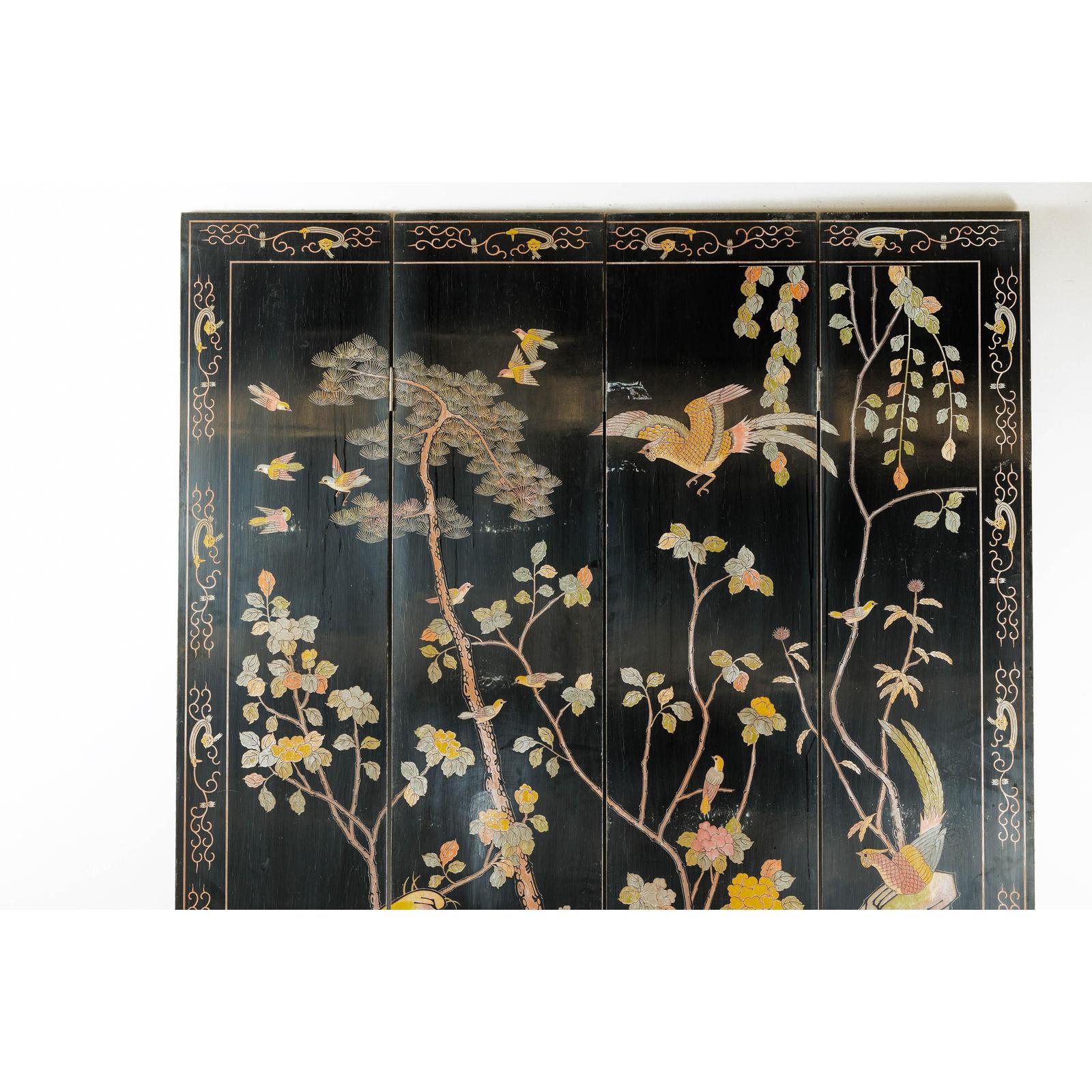 Four-Panel Black Lacquer Screen with Birds, Blossoms, and Brass Feet-9. Asian &amp; Chinese Furniture, Art, Antiques, Vintage Home Décor for sale at FEA Home