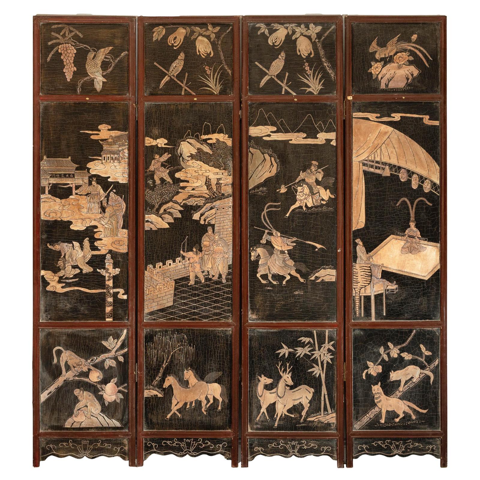 Four-Panel Black Lacquer Screen with Painted Narrative and Animal Scenes-1. Asian & Chinese Furniture, Art, Antiques, Vintage Home Décor for sale at FEA Home
