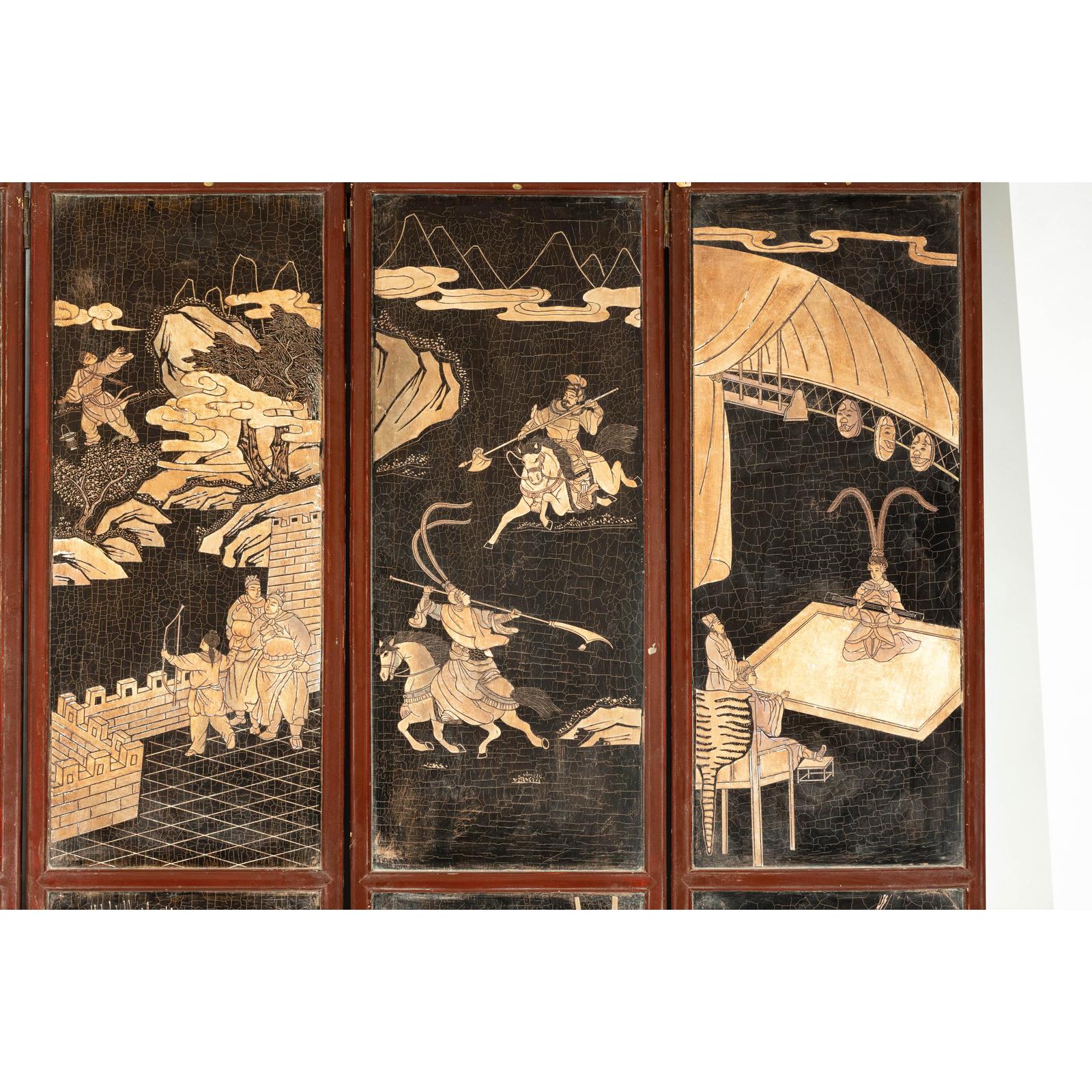 Four-Panel Black Lacquer Screen with Painted Narrative and Animal Scenes-10. Asian &amp; Chinese Furniture, Art, Antiques, Vintage Home Décor for sale at FEA Home