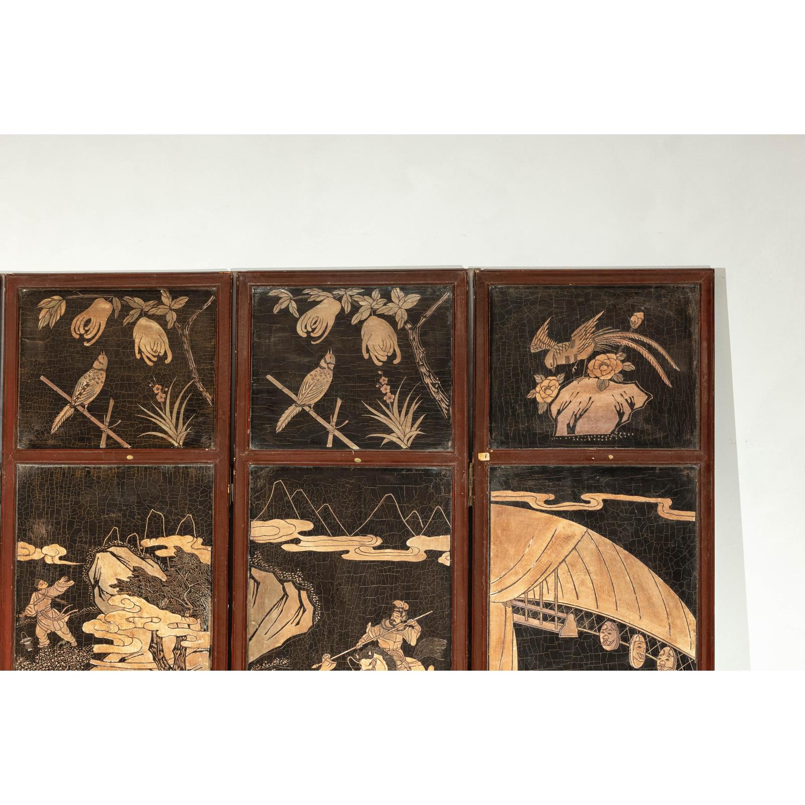 Four-Panel Black Lacquer Screen with Painted Narrative and Animal Scenes-11. Asian &amp; Chinese Furniture, Art, Antiques, Vintage Home Décor for sale at FEA Home