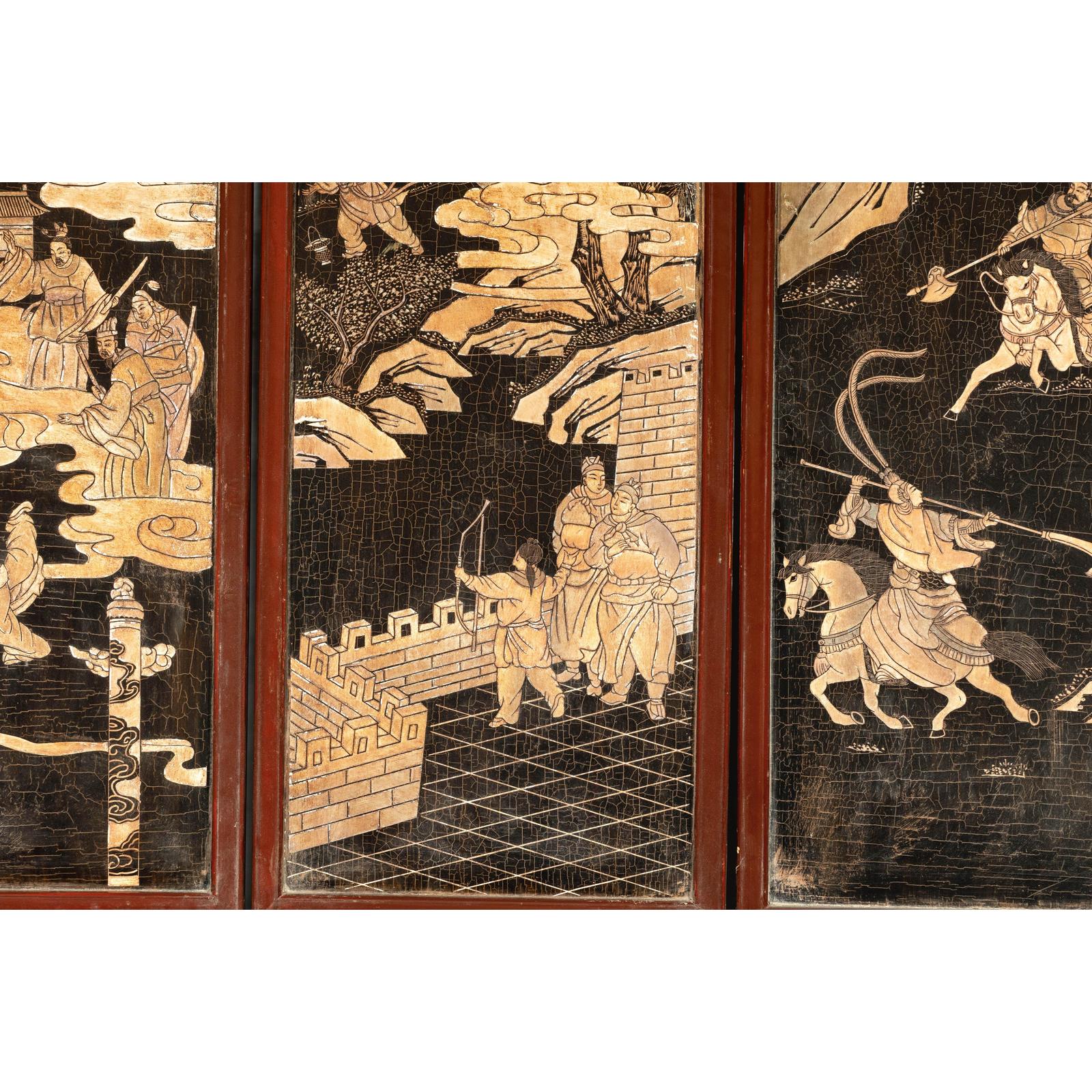 Four-Panel Black Lacquer Screen with Painted Narrative and Animal Scenes-12. Asian &amp; Chinese Furniture, Art, Antiques, Vintage Home Décor for sale at FEA Home