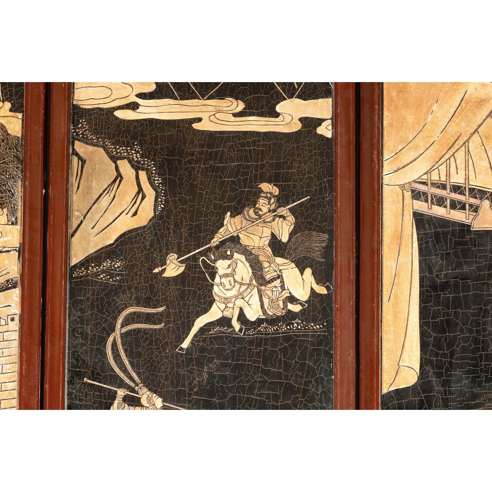Four-Panel Black Lacquer Screen with Painted Narrative and Animal Scenes-13. Asian &amp; Chinese Furniture, Art, Antiques, Vintage Home Décor for sale at FEA Home