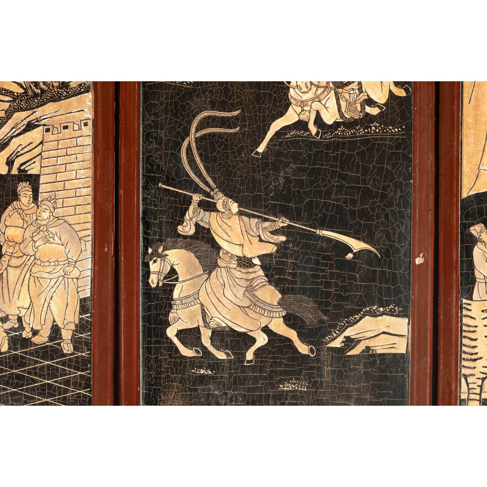 Four-Panel Black Lacquer Screen with Painted Narrative and Animal Scenes-14. Asian &amp; Chinese Furniture, Art, Antiques, Vintage Home Décor for sale at FEA Home