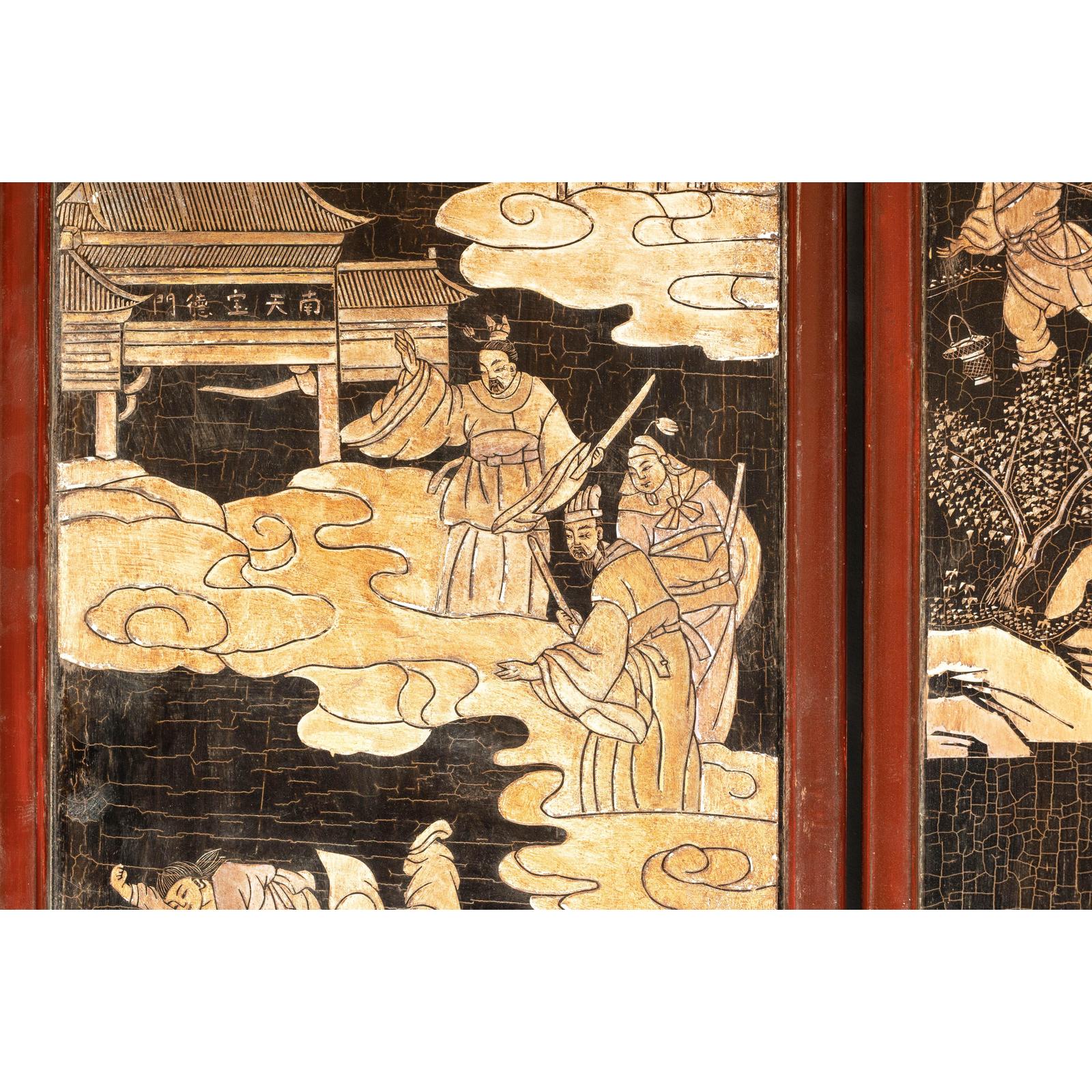 Four-Panel Black Lacquer Screen with Painted Narrative and Animal Scenes-15. Asian &amp; Chinese Furniture, Art, Antiques, Vintage Home Décor for sale at FEA Home