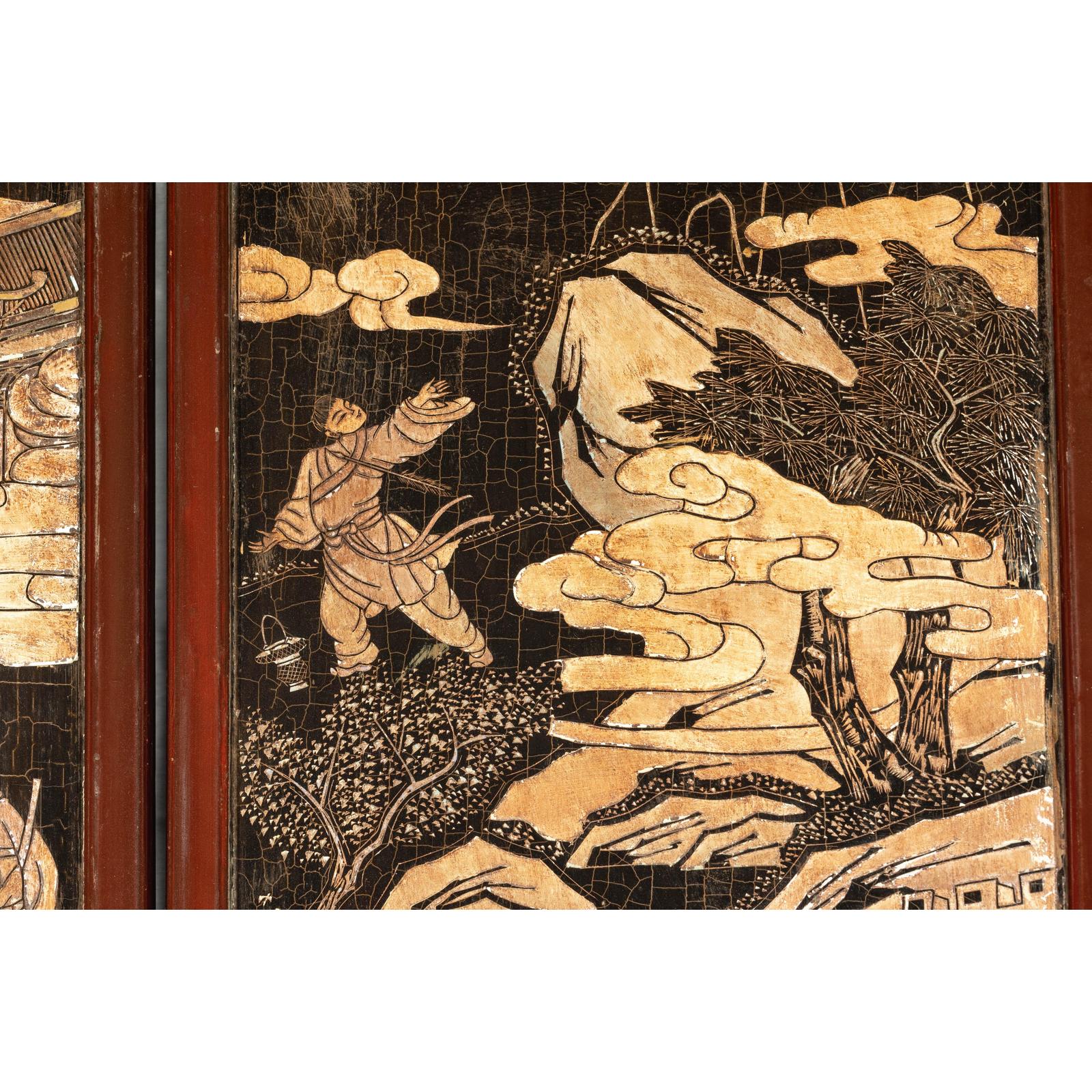 Four-Panel Black Lacquer Screen with Painted Narrative and Animal Scenes-16. Asian &amp; Chinese Furniture, Art, Antiques, Vintage Home Décor for sale at FEA Home