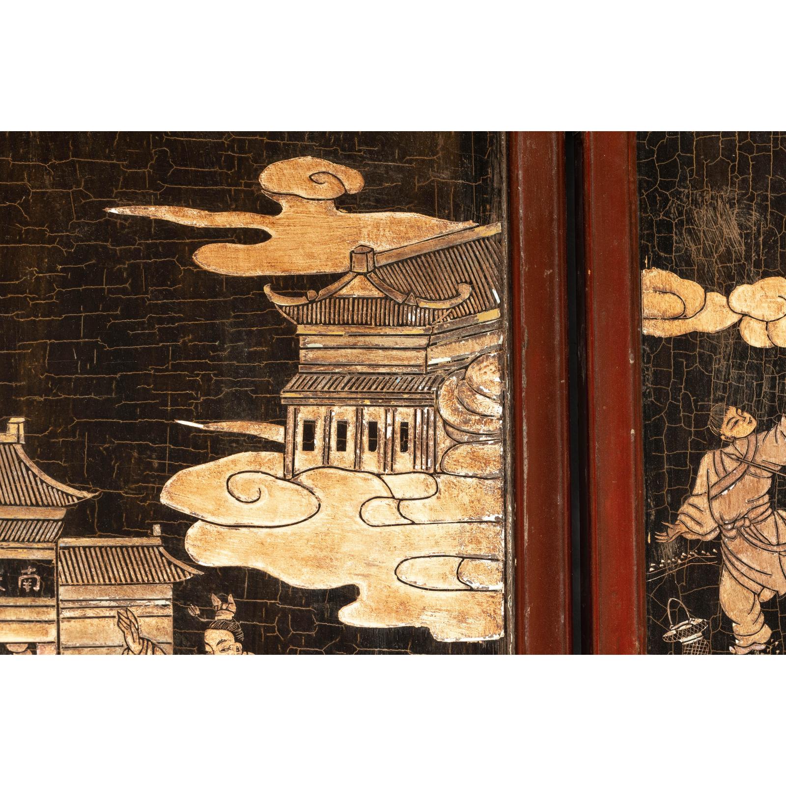 Four-Panel Black Lacquer Screen with Painted Narrative and Animal Scenes-17. Asian &amp; Chinese Furniture, Art, Antiques, Vintage Home Décor for sale at FEA Home