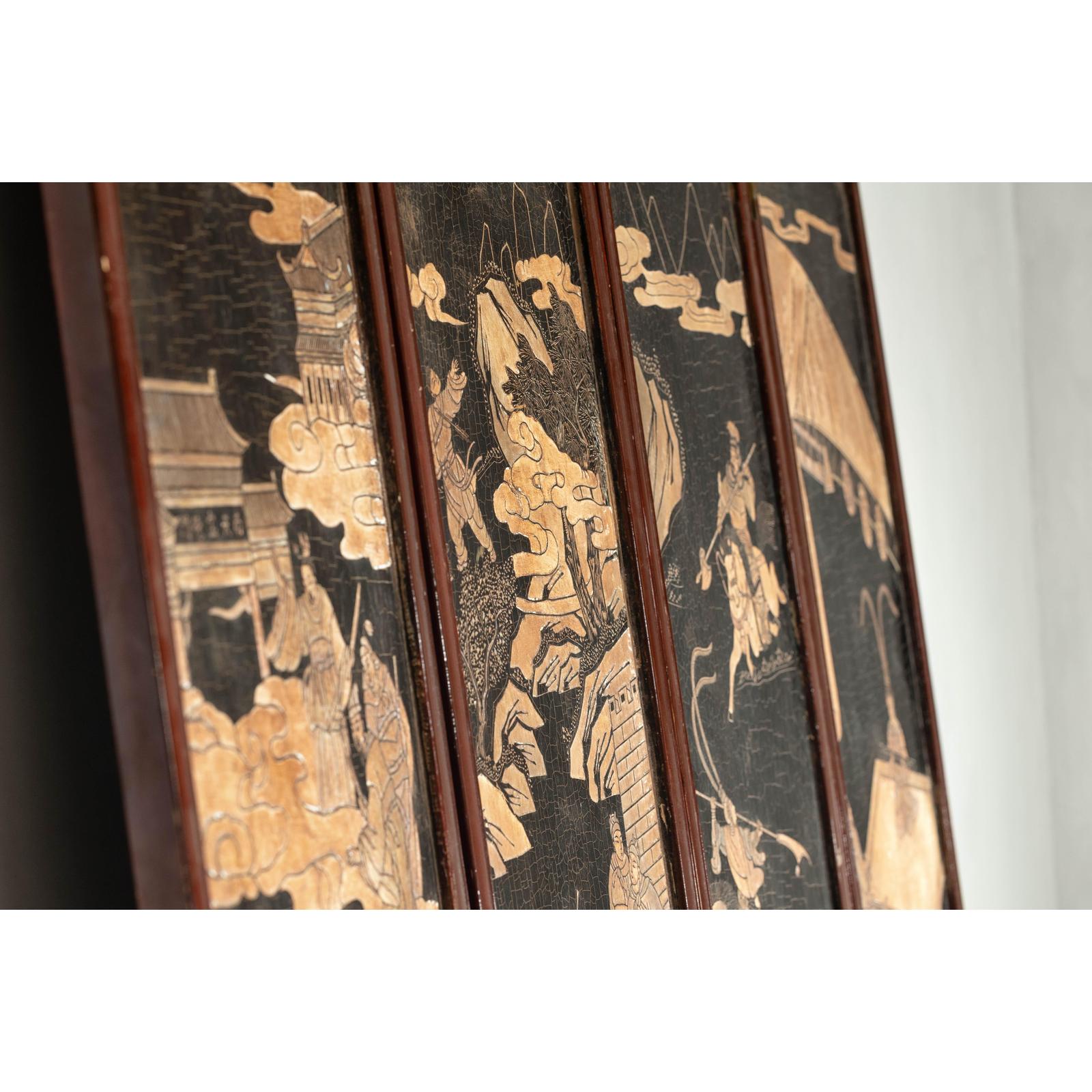 Four-Panel Black Lacquer Screen with Painted Narrative and Animal Scenes-19. Asian &amp; Chinese Furniture, Art, Antiques, Vintage Home Décor for sale at FEA Home