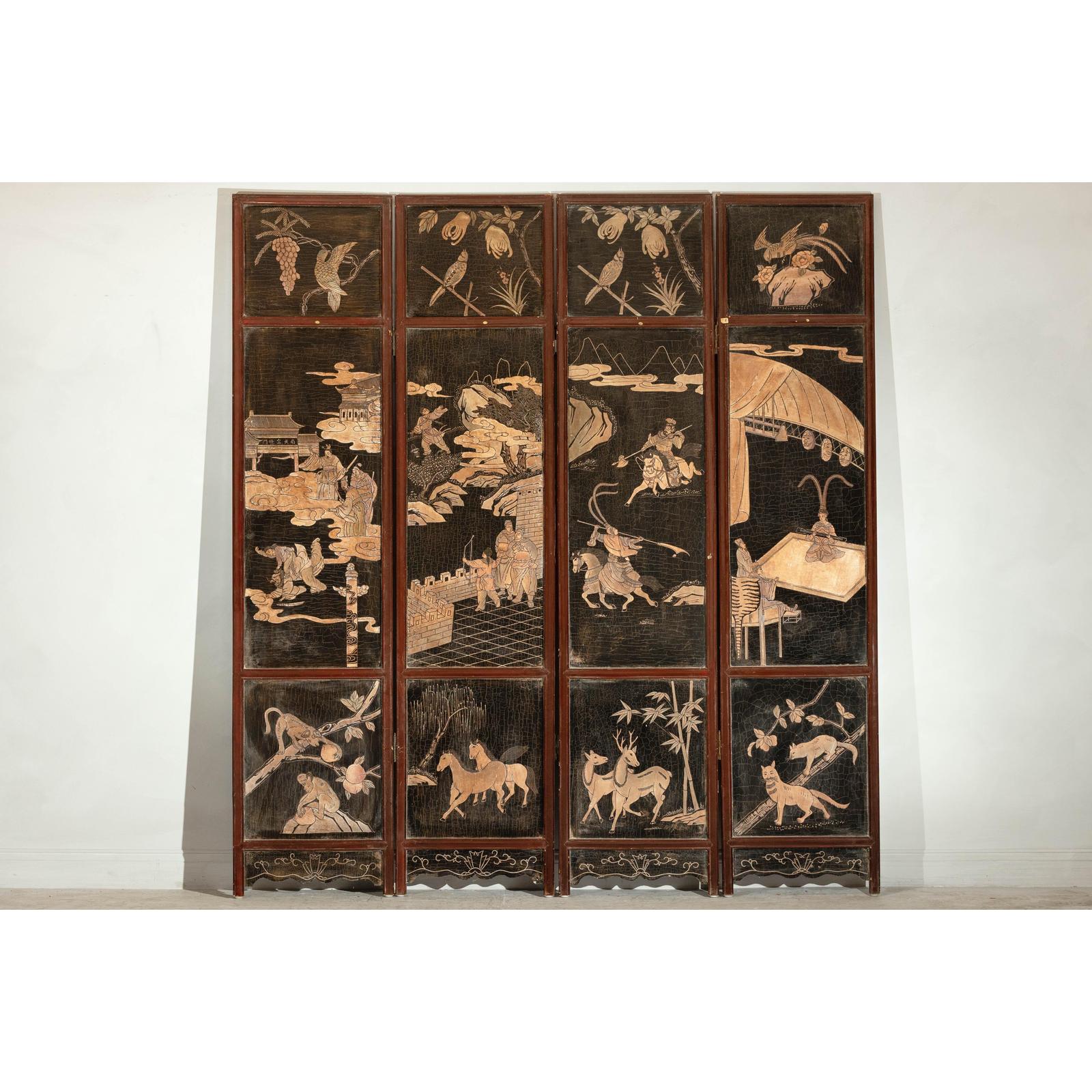Four-Panel Black Lacquer Screen with Painted Narrative and Animal Scenes-2. Asian & Chinese Furniture, Art, Antiques, Vintage Home Décor for sale at FEA Home