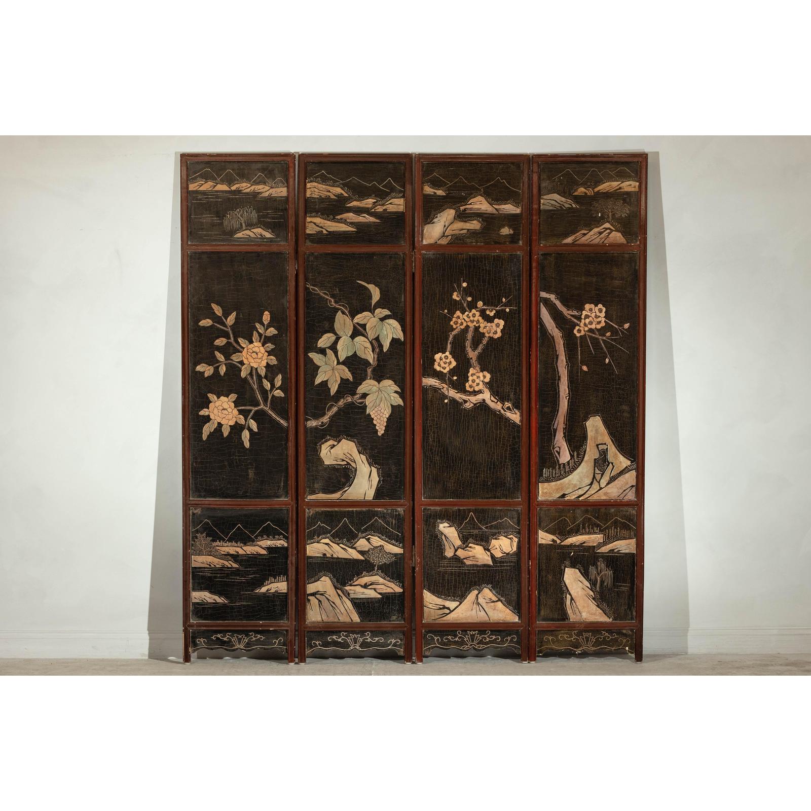 Four-Panel Black Lacquer Screen with Painted Narrative and Animal Scenes-20. Asian &amp; Chinese Furniture, Art, Antiques, Vintage Home Décor for sale at FEA Home